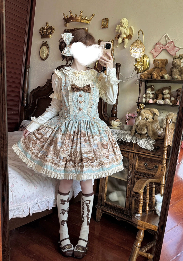 Wendy's Wardrobe - Macaron Bear - Cotton Kawaii Lolita Dress Suit, Bear & Dessert Print