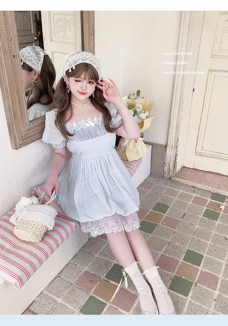 Yingtang~Plus Size Lolita OP Dress Short Sleeve Gentle Baby Blue Lolita Dress   