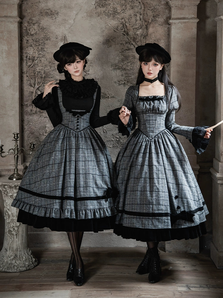Winter Classic Lolita Plaid Dress Set, Fishbone Waist