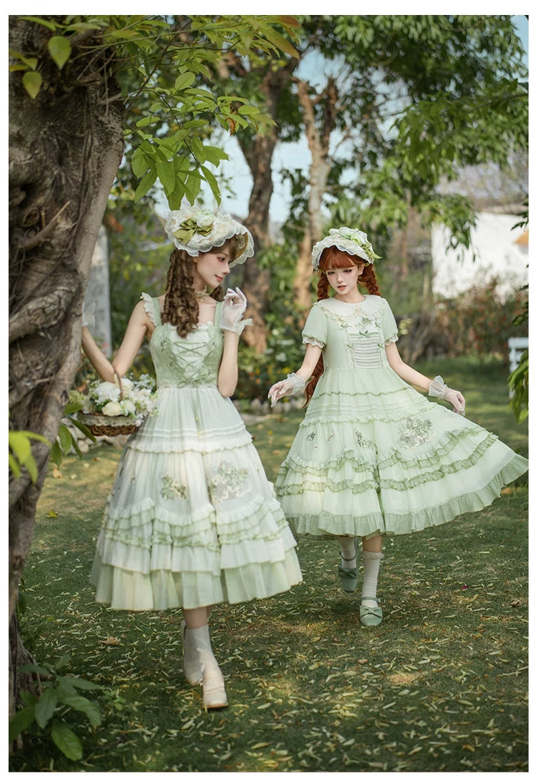 Green Grape - Embroidered Country Lolita OP Dress, Tiered JSK