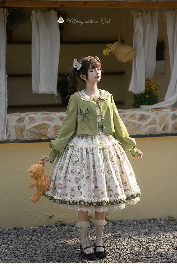 Urtto - Mangosteen Cat - Printed Country Lolita JSK, Pocketed Jacket