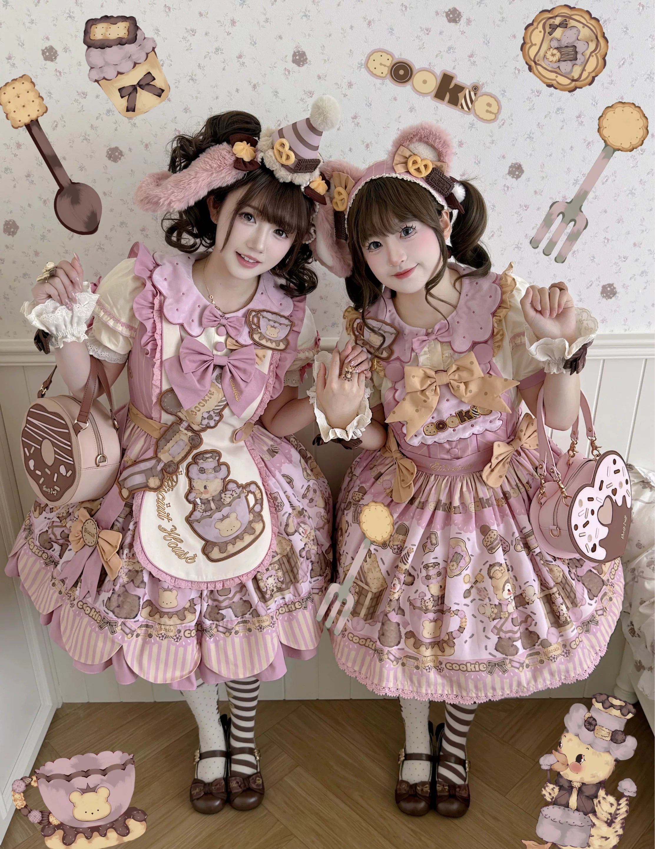 Bear Biscuit SP - Kawaii Lolita Bear Printed Dress Set with Bows
