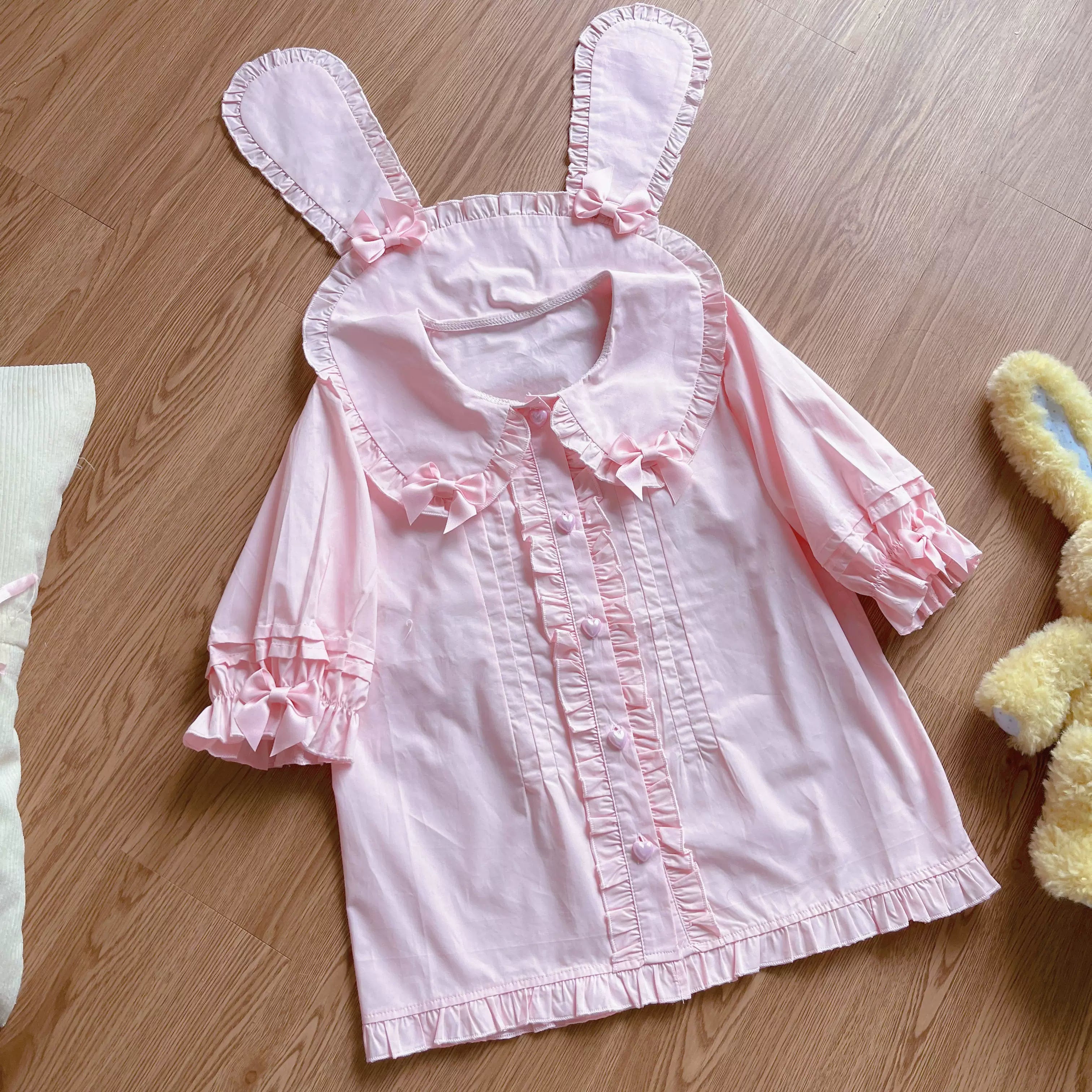 Cute Rabbit - Sweet Lolita Short Sleeve Shirt, Bunny Ears Pink Shirt Only S