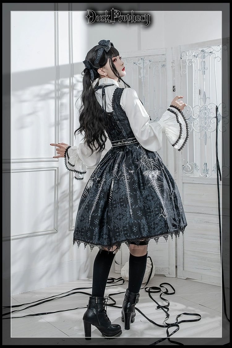 DuskProphecy - Coccyx - Elegant Lolita Dress High Waist Fishbone Print JSK Set 34722:466604