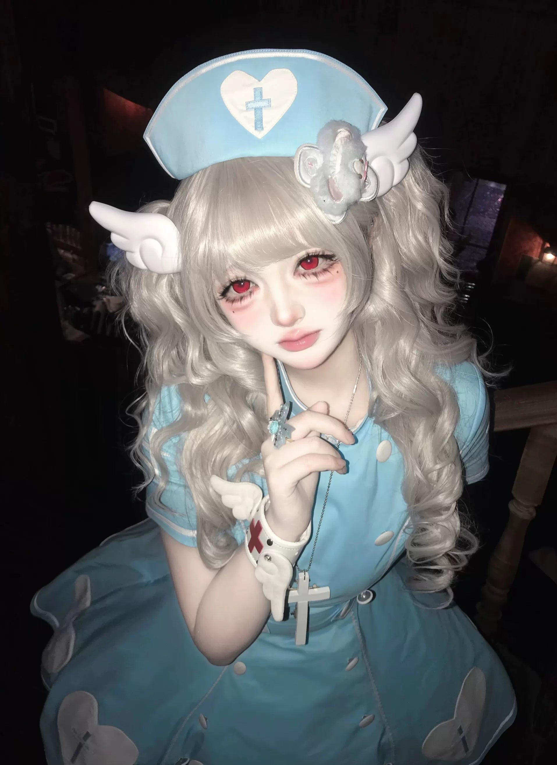 Sweet Heart Hospital - Old School Lolita Stand Collar OP Dress, Heart-cross Patches