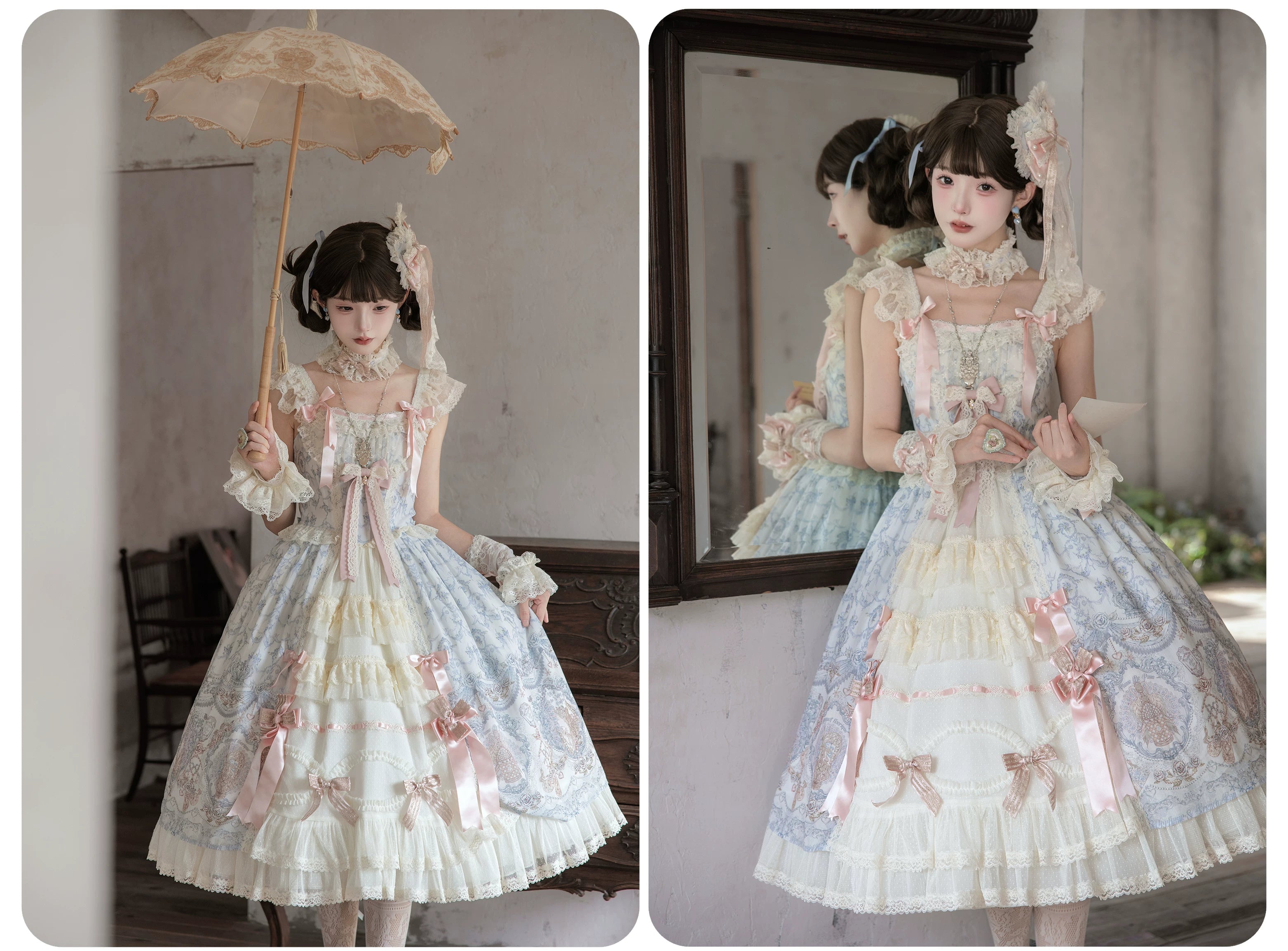 Rose Fragrance - Classic Lolita Lace JSK & OP Dress, Rose & Perfume Bottle Print 45850:865585