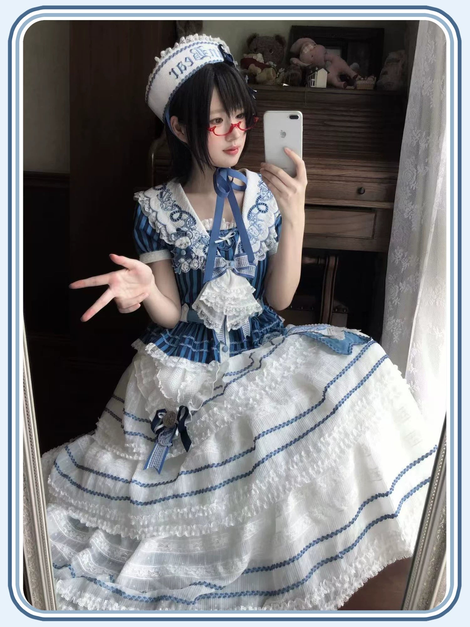 Antique Naval Bear - Striped Classic Lolita Sailor Collar OP, Bear Embroidery 45518:854012