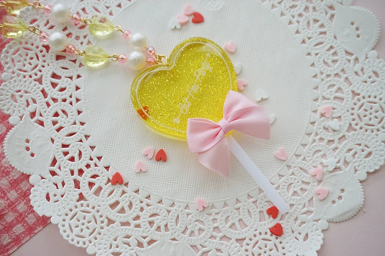 Cat Tea Party - Sweet Lolita Necklace Heart-Shaped Lollipop Necklace Yellow lollipop with a pink bow