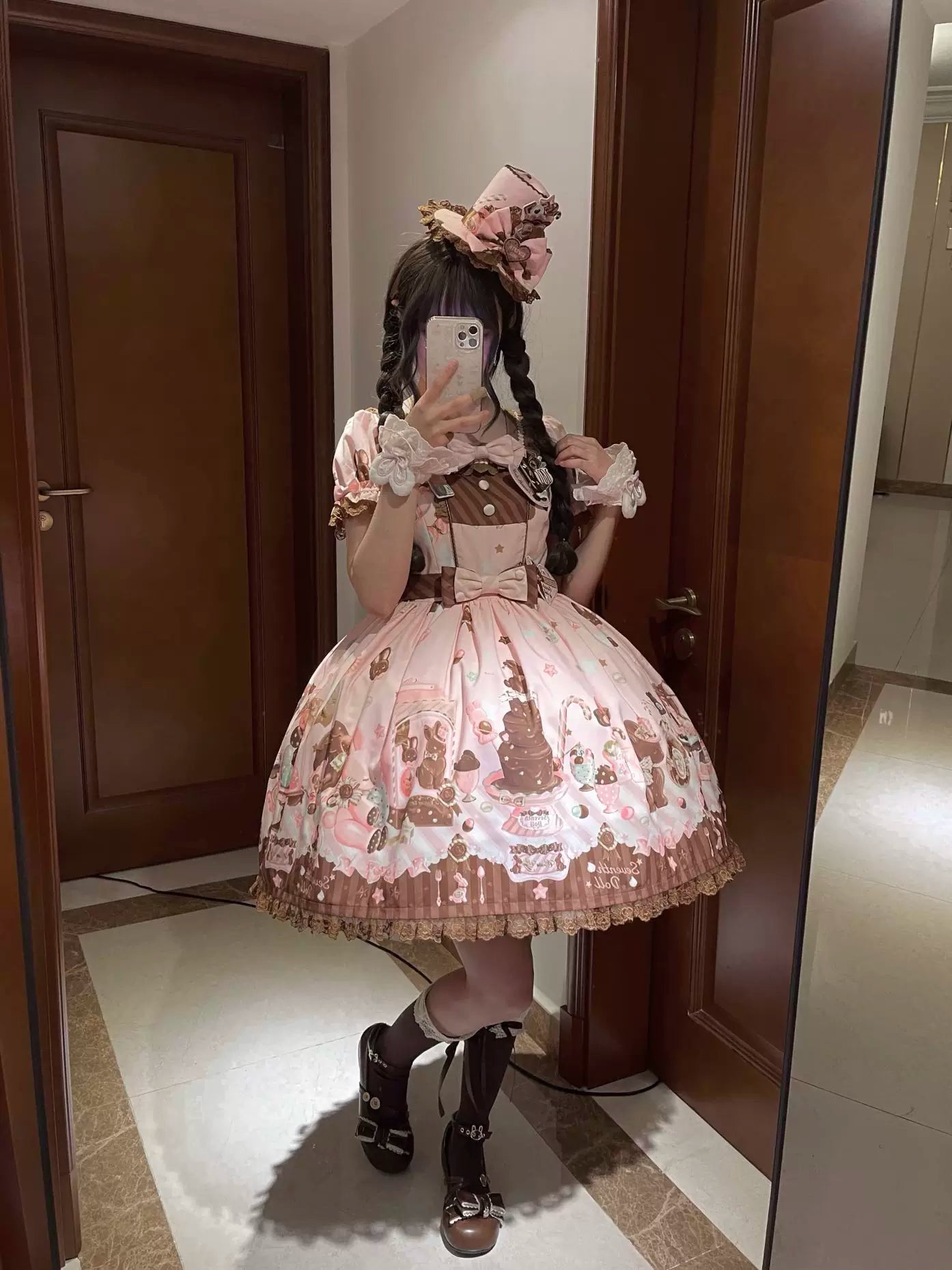 Chocolate Bunny - Printed Kawaii Lolita JSK, Short-sleeved Dress