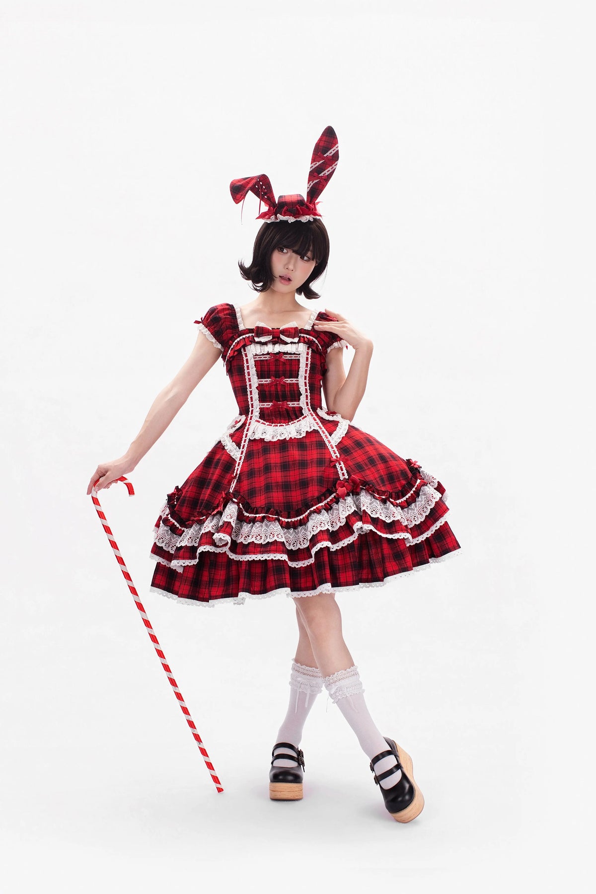 Plaid Lace Bunny - Old School Lolita Plaid OP Dress, Lace Trim 45992:871262