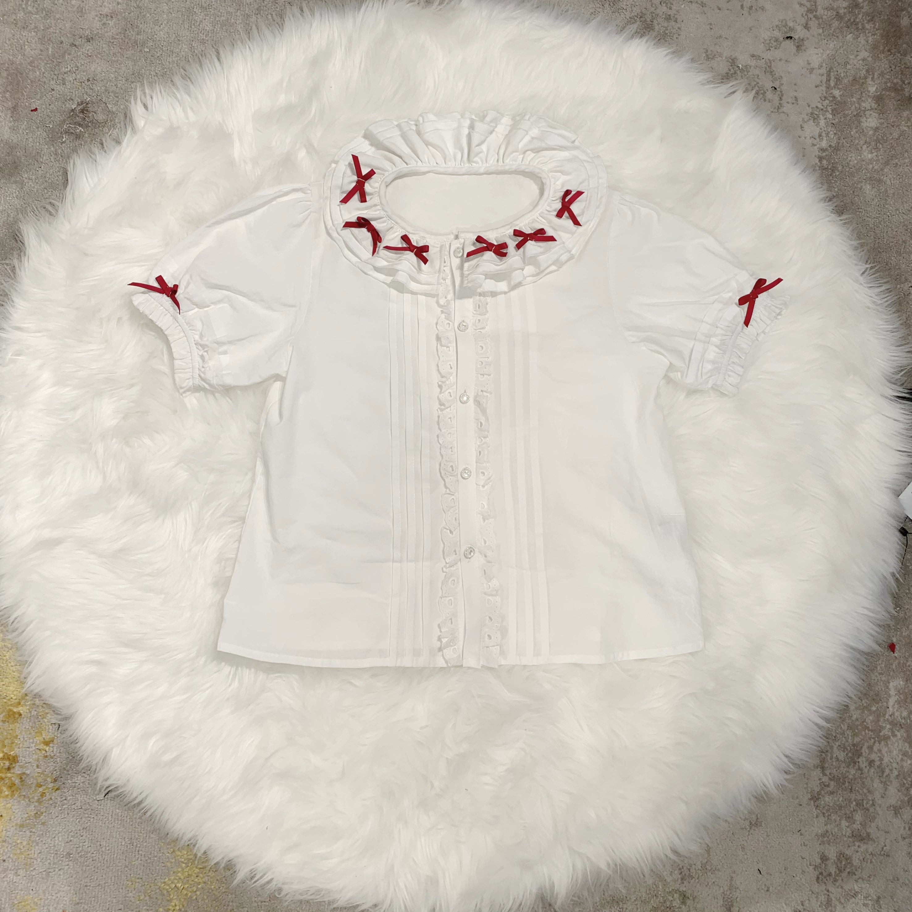 Chubby Cat Diary - Plus Size Sweet Lolita Shirt, Detachable Sleeves White and Red - Shirt Only S