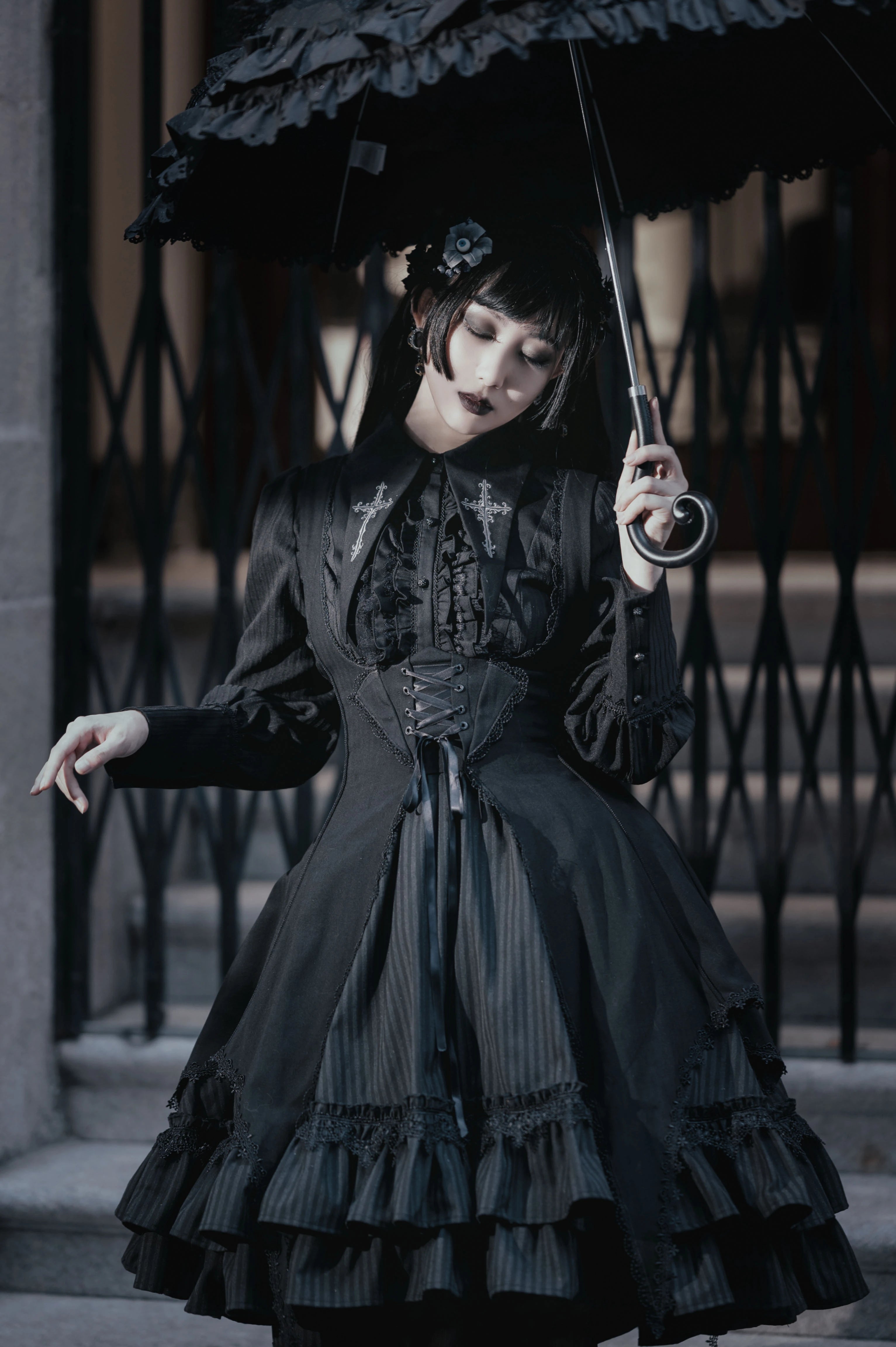 Lilizi - Redemption Song - Gothic Lolita OP Dress Cross Embroidery Tiered Hem