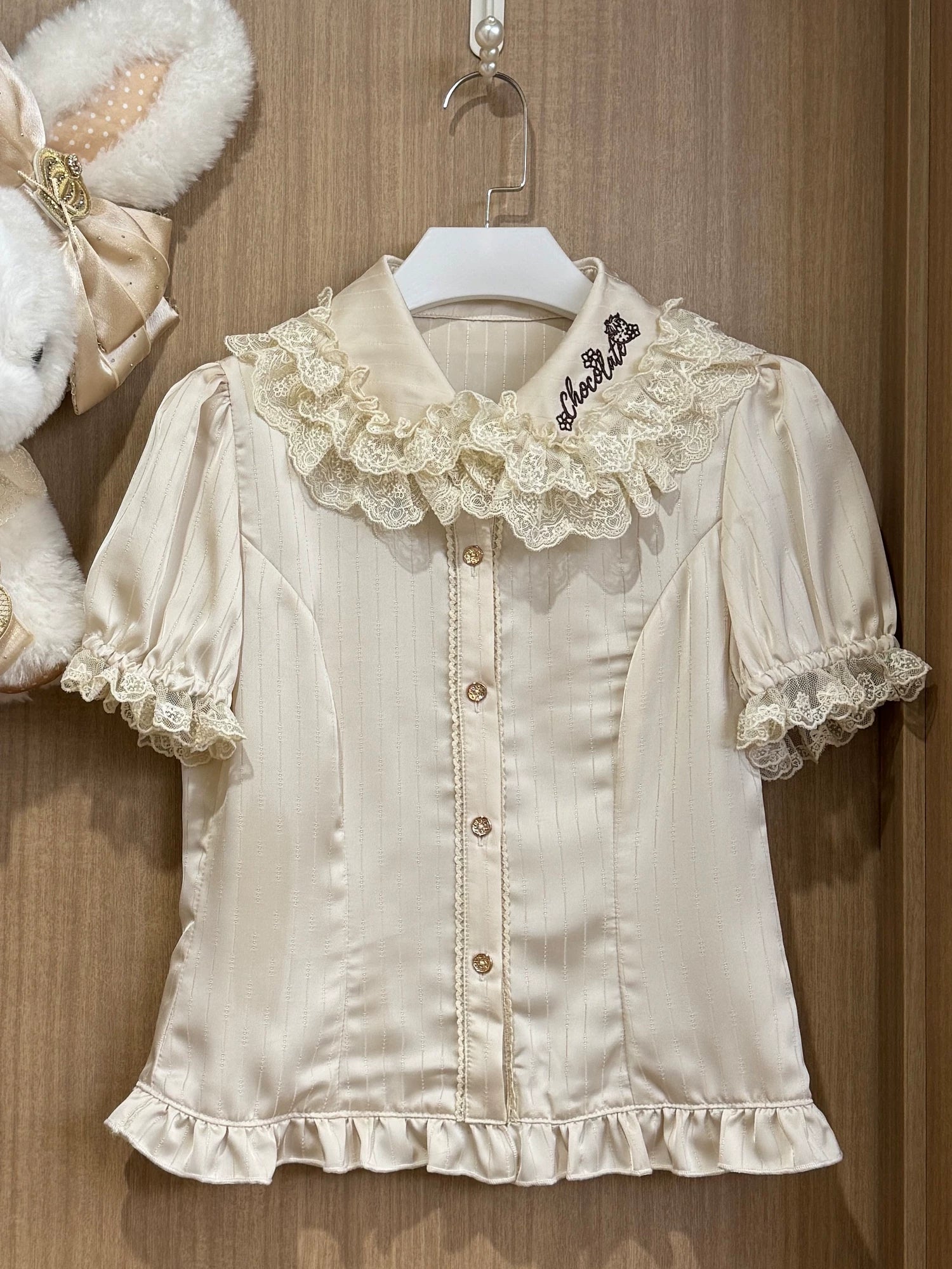 Strawberry Chocolate Lovers - Kawaii Lolita Embroidered Printed Dress Apricot - Striped Shirt Only S