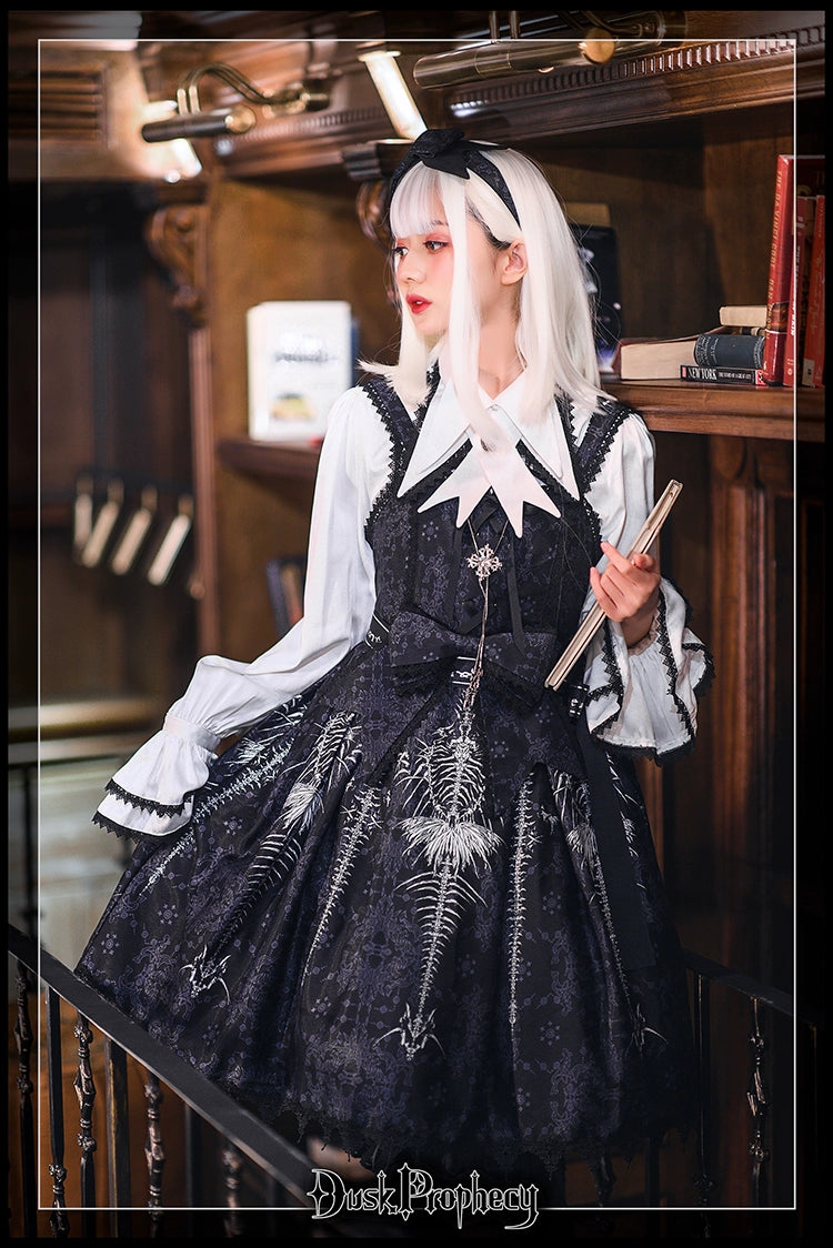 DuskProphecy - Coccyx - Elegant Lolita Dress High Waist Fishbone Print JSK Set 34722:466618