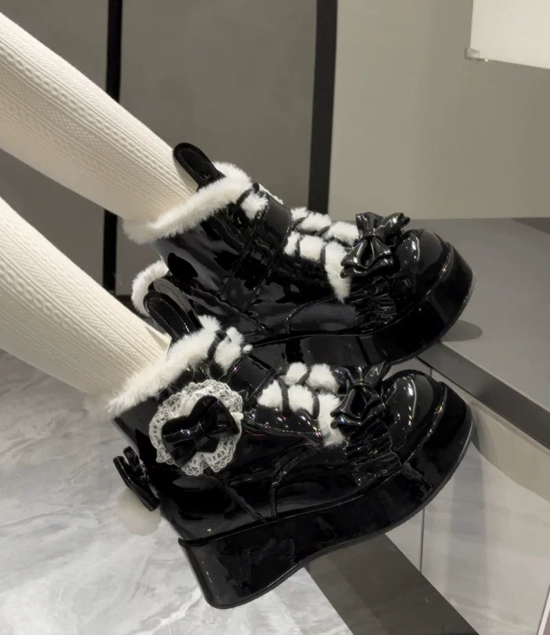 Bunny Tail - Fuzzy Kawaii Lolita Snow Boots, Detachable Plush Bow 44447:808595