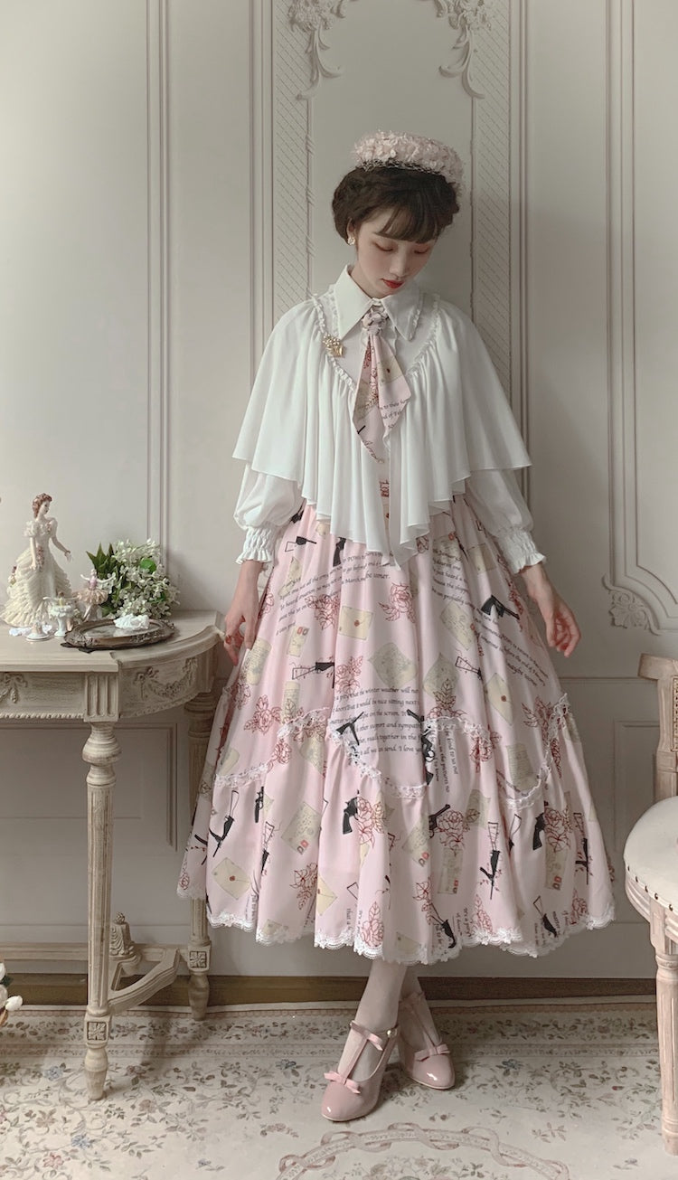 VTGDOLL - World War II love letter - Elegant Lolita Shirt and Lolita Painted SK S SK light coffee