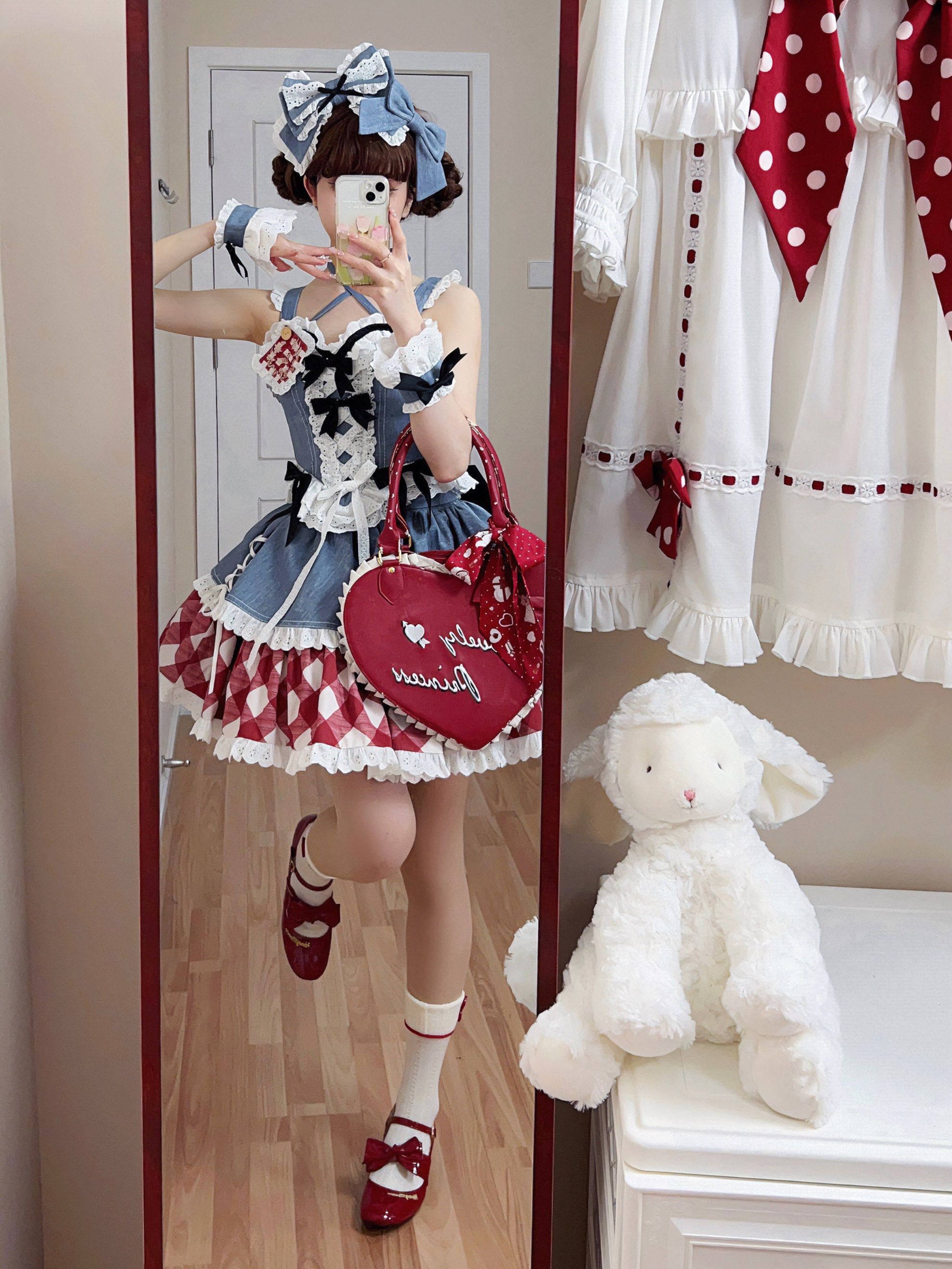 Kuma~Sweet Cowboy~Sweet Lolita Pastel Colors Denim Skirt Set 21260:300388