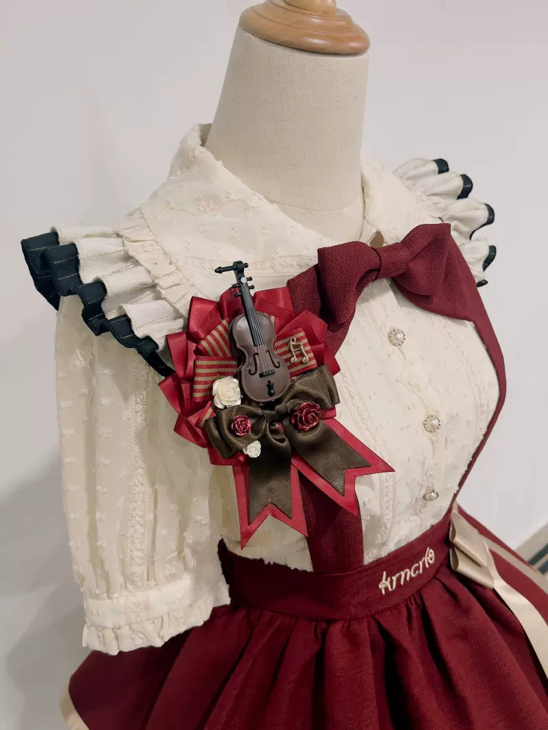 Krncrlo~Cello Vintage Elegant 3 Tiered Lolita Jumper Skirt S wine red badge 