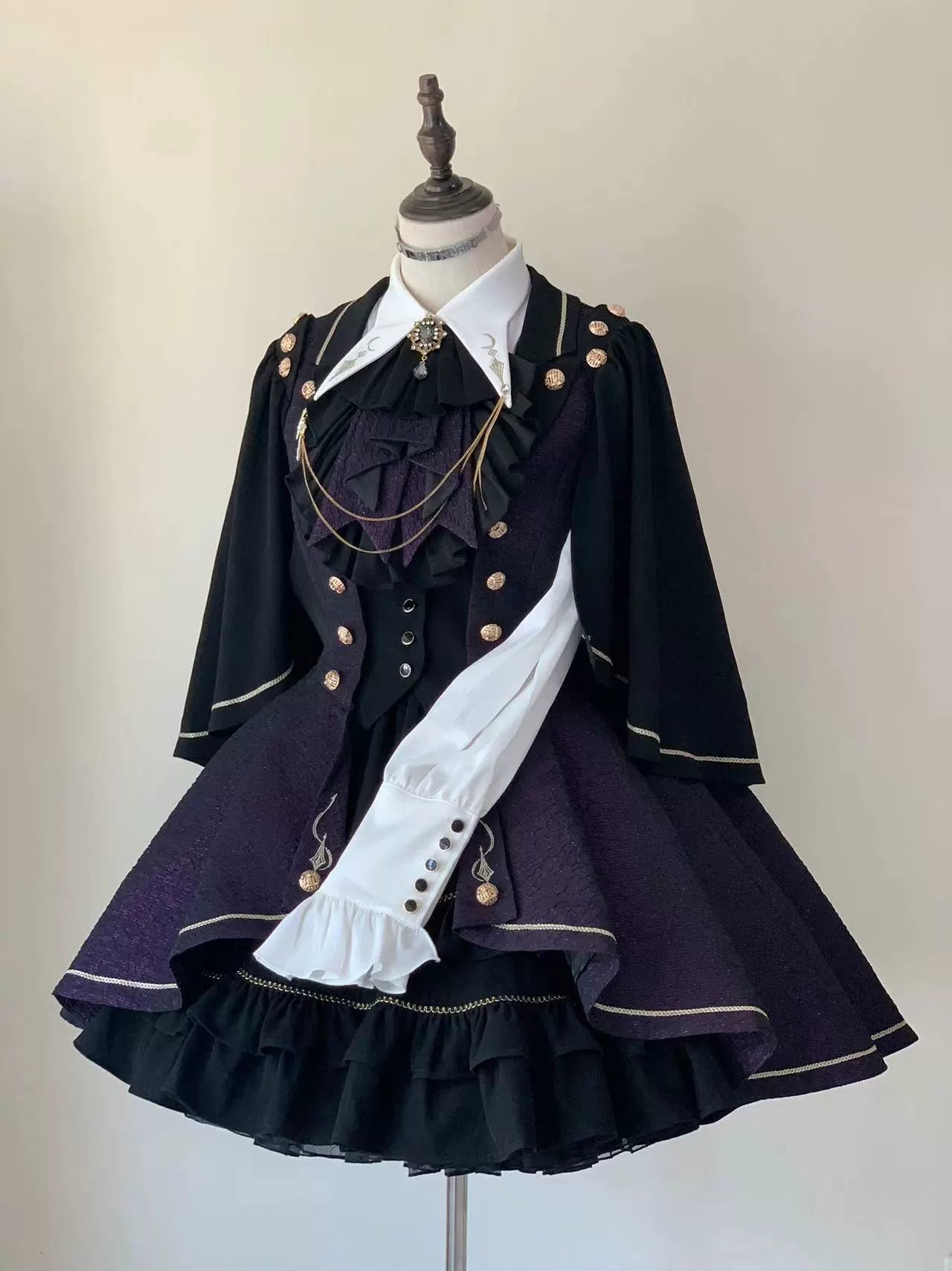 SilentMars - Fallen Moon Rule - Military Lolita Shirt Set Retro Knight Style Blouse Black x purple - vest style coat with a brooch S