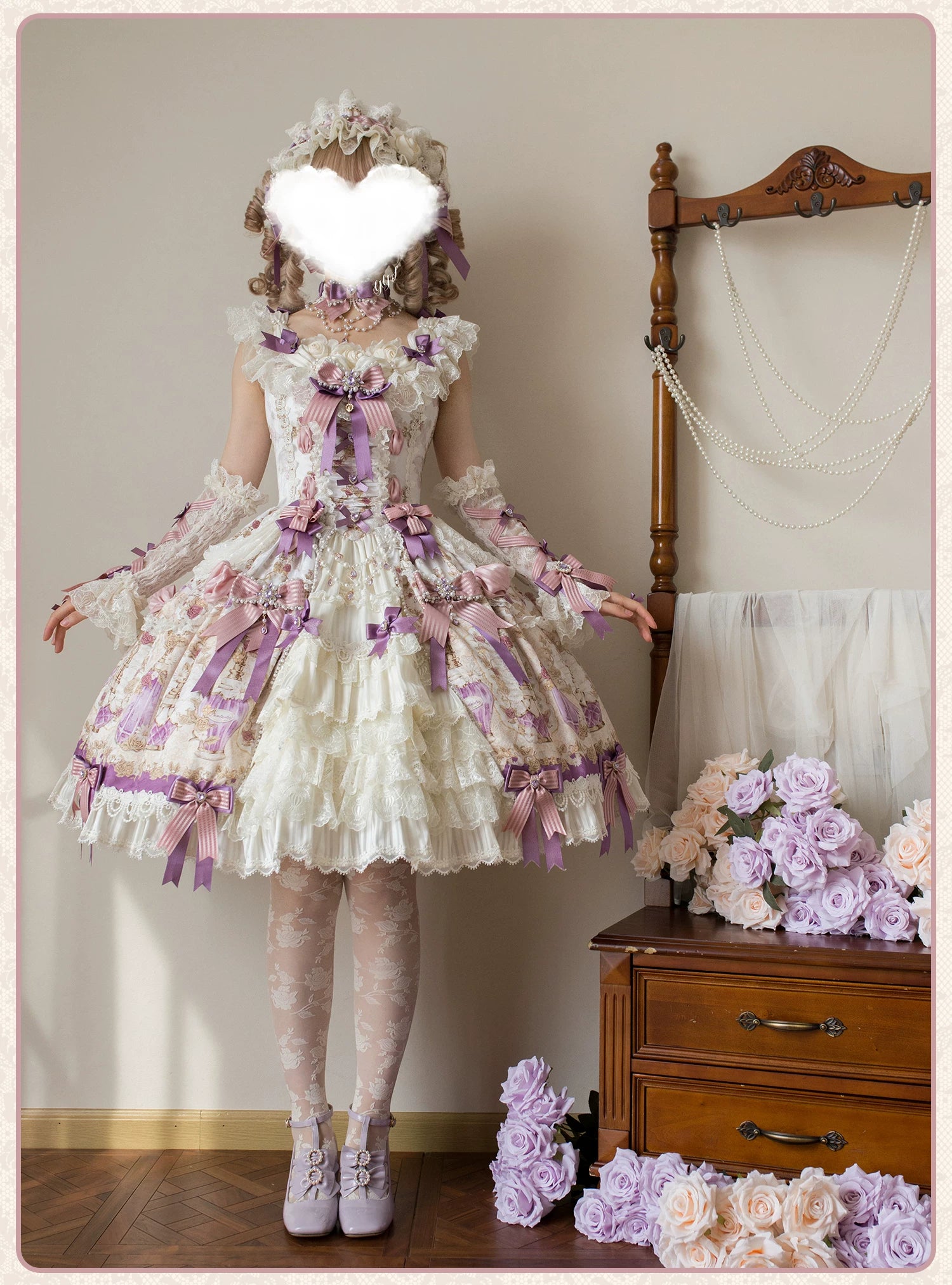 Antique Gem Fragrance - Gorgeous Classic Lolita Dress Set, Floral and Bottle Print 45483:851744