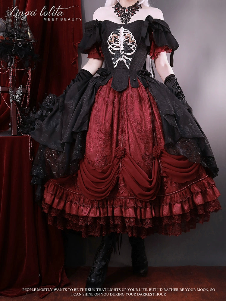 Lingxi Lolita - Bone island Gothic Lolita Corset Goth Blouse Skirt Set