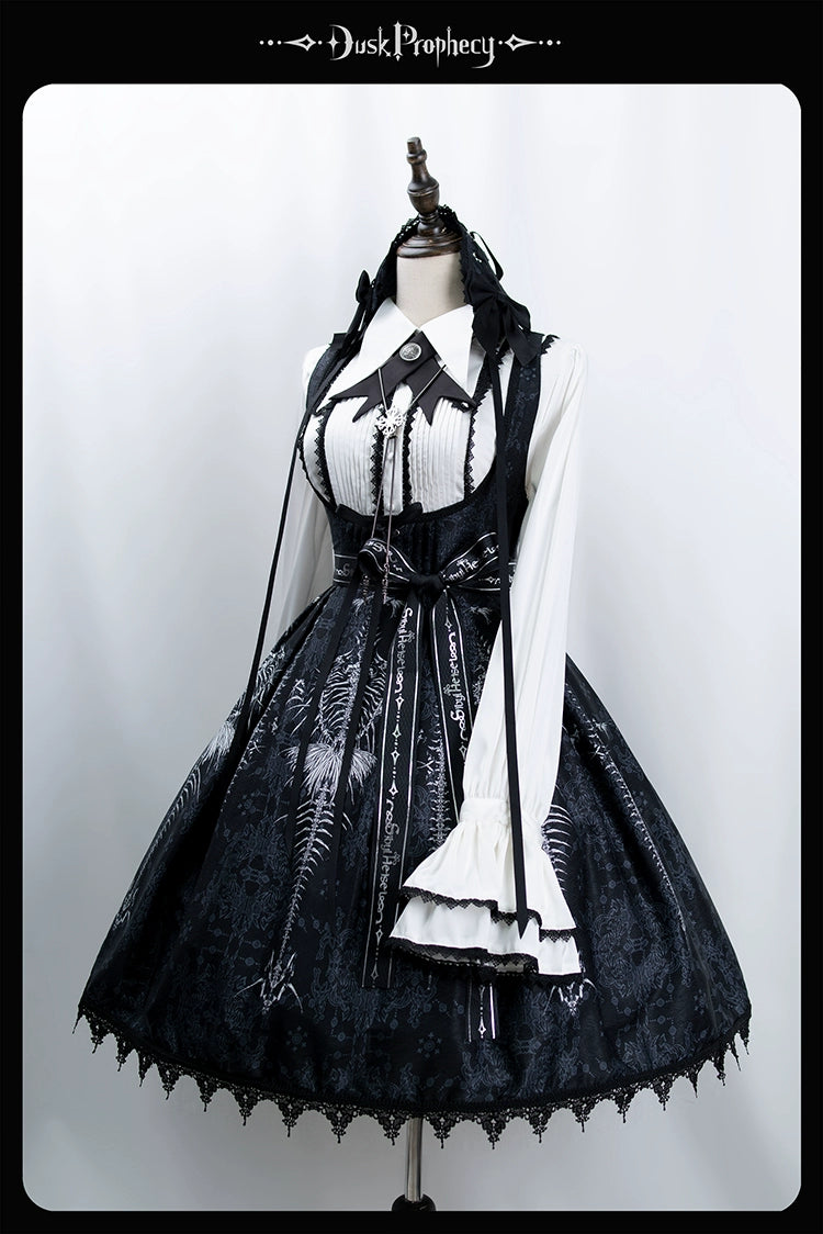 DuskProphecy - Coccyx - Elegant Lolita Dress High Waist Fishbone Print JSK Set 34722:466460