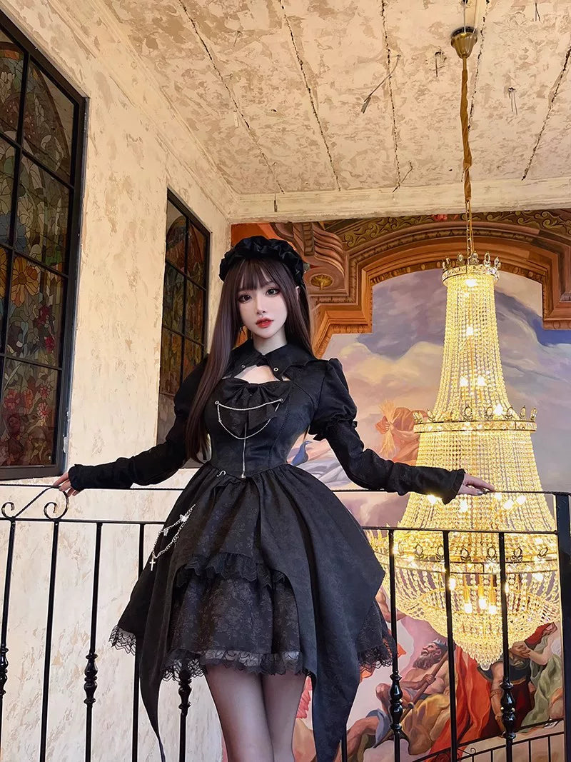 Darknight Creed - Gothic Lolita Jacquard OP, Irregular Hem & Cross Pendants 45847:865306