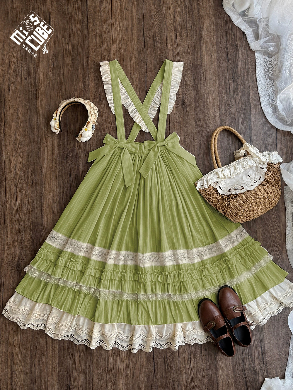 Miss Cube - Cool Sheep Whisper - Kawaii Retro Lolita SK with Detachable Suspenders Green - suspenders SK only XS