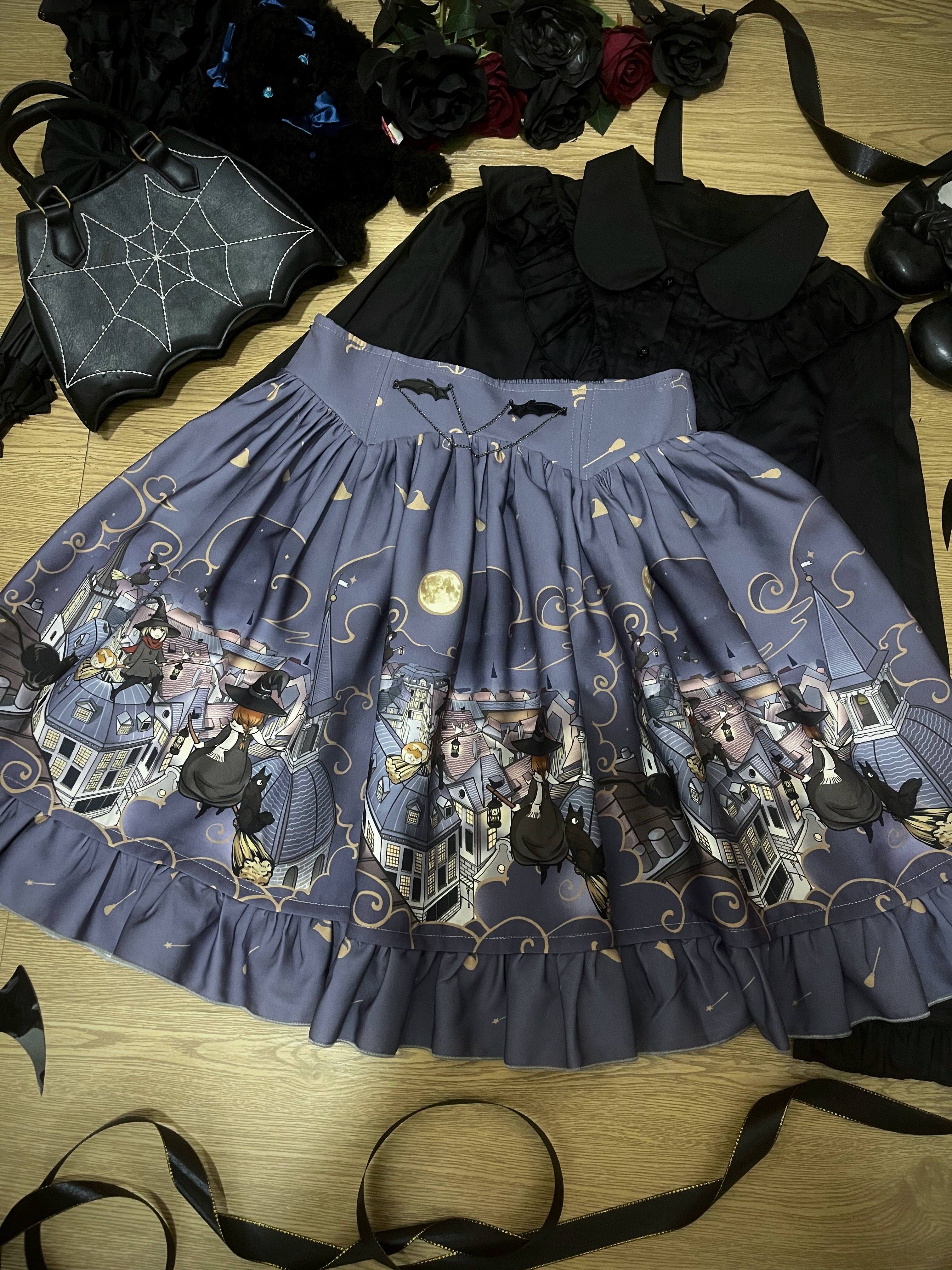 Magic Tea Party - Witching Night - Gothic Lolita SK Halloween Chiffon Skirt Short - Purple-Gray SK Only M