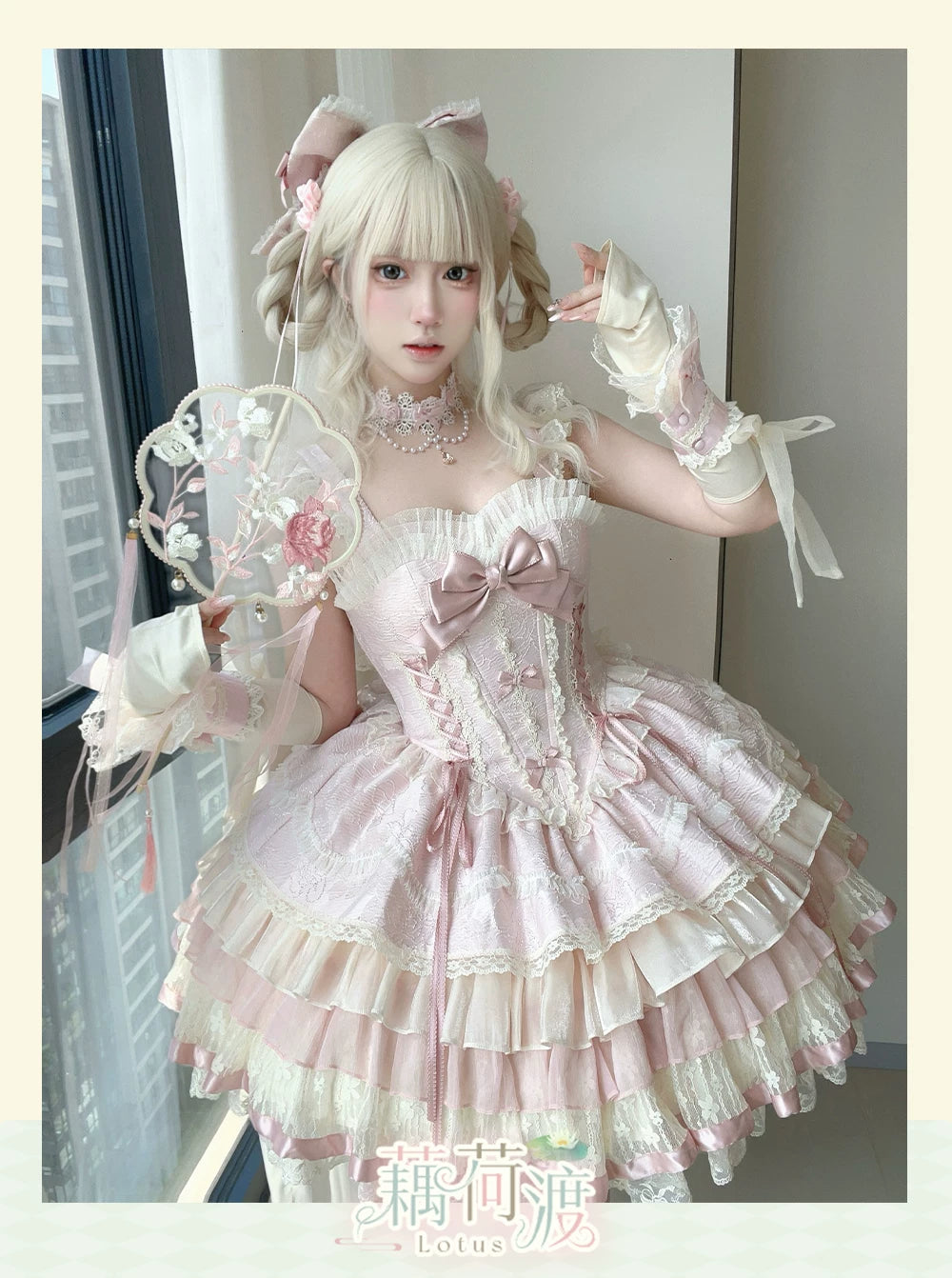 Lotus Crossing - Sweet Lolita Tiered Hem JSK Dress with Satin Bow 45302:844751