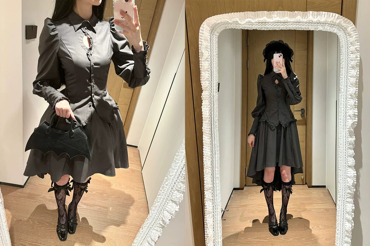 Shadow Hymn - Gothic Lolita Solid Shirt & Skirt, Side Zipper