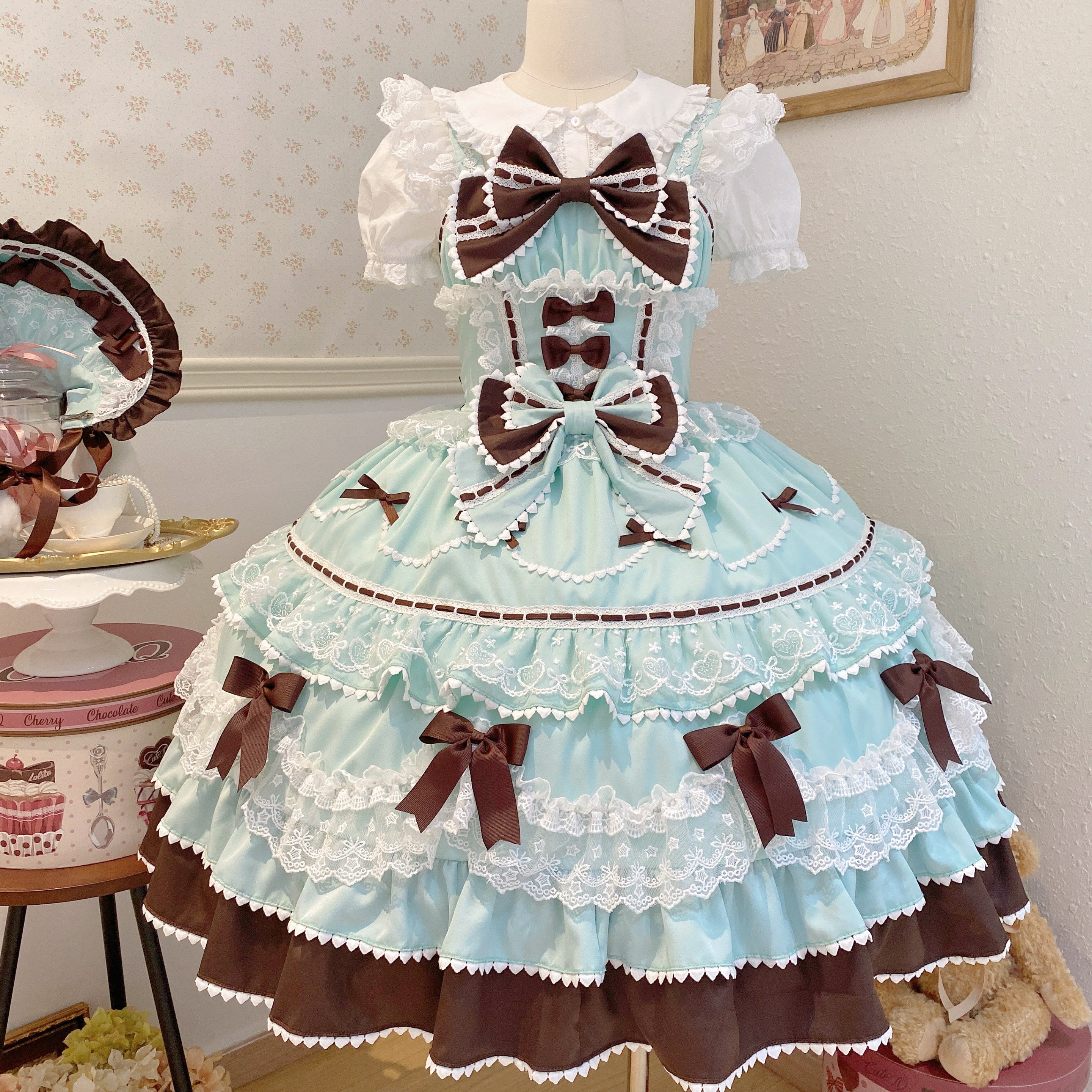 Sugar Girl - Fondant Cake - Summer Sweet Lolita JSK Dress, Tiered Ruffles and Bows Mint Chocolate JSK Only S