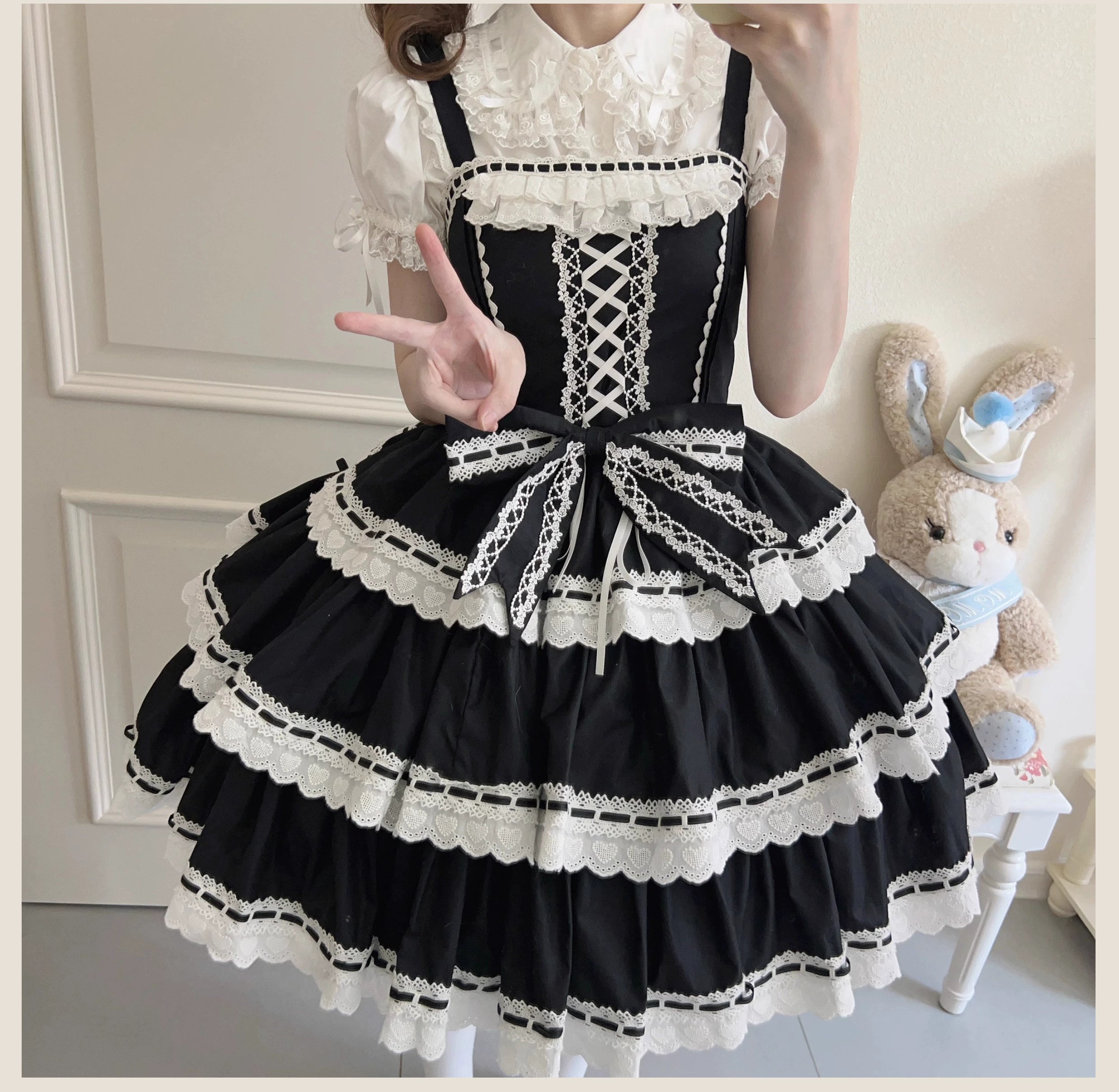 Otome Heart - Cotton Old School Lolita JSK Dress Suit, Heart-Shaped Lace Trim 43381:774535