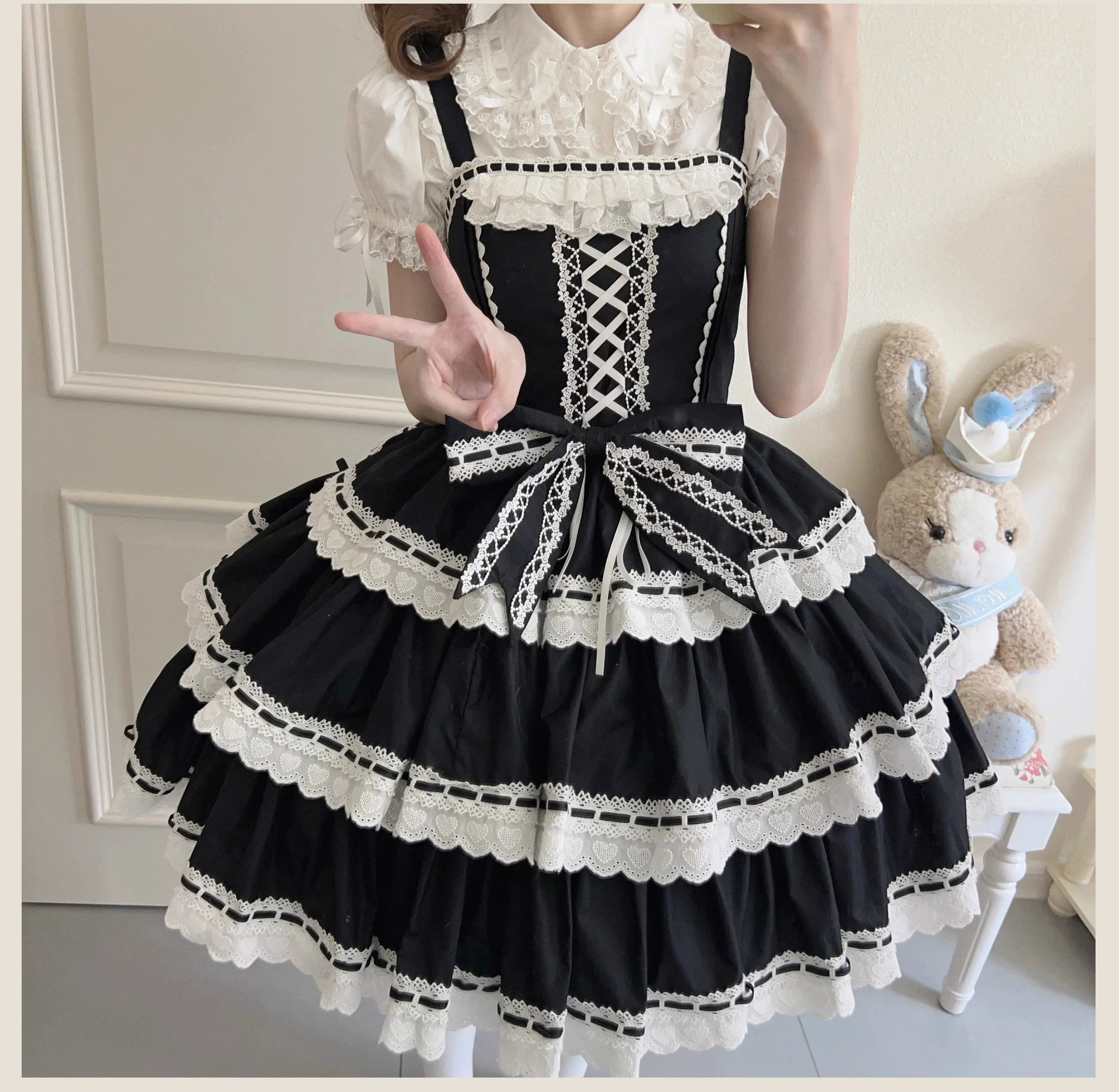 TaTaTa Lolita - Otome Heart - Cotton Old School Lolita JSK Dress, Heart-Shaped Lace Trim 44546:812922