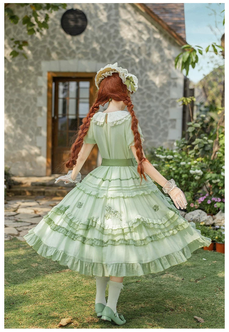 Green Grape - Embroidered Country Lolita OP Dress, Tiered JSK