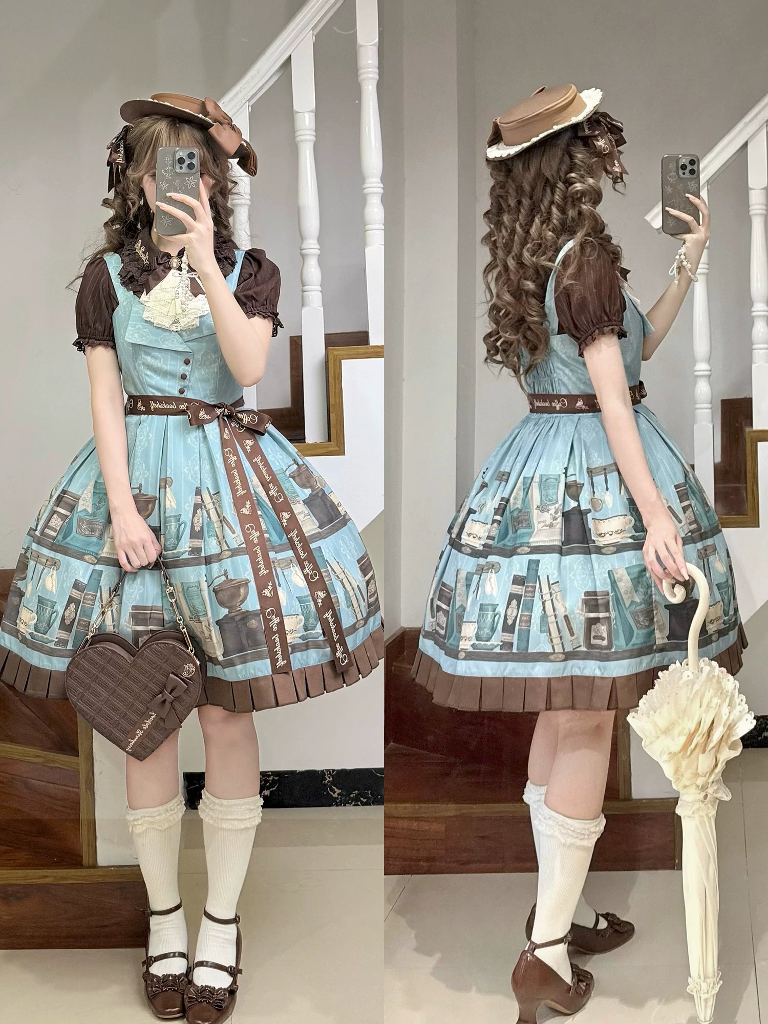 Coffee Bookshelf - Classic Lolita JSK and SK Set, Coffee Cup and Book Print (L M S XL) 45611:856197
