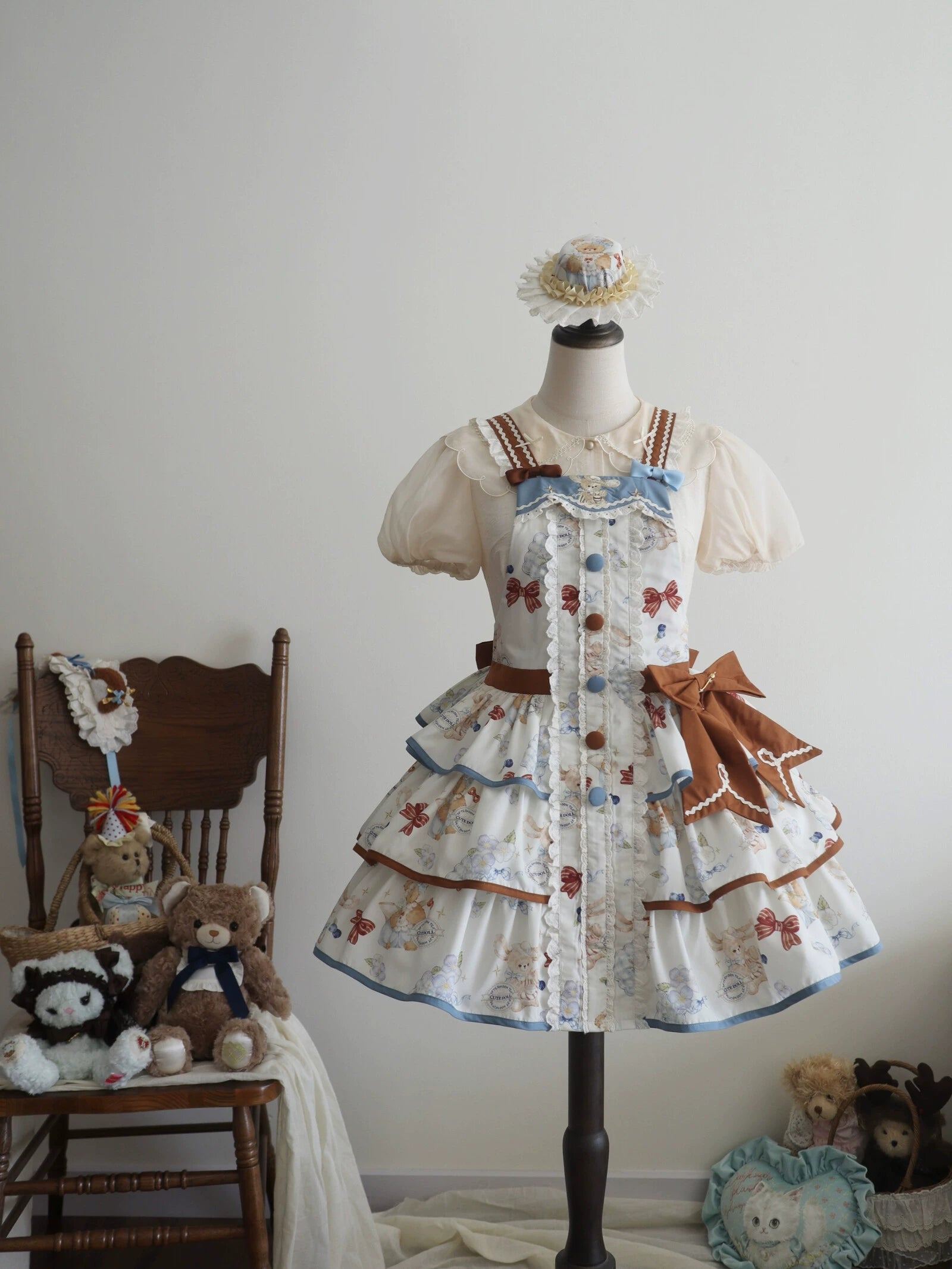 Cheese Mee Mee - Seaside Tea Party - Sweet Lolita Dress Cute Print JSK and Cape Off-white Salopette Only S