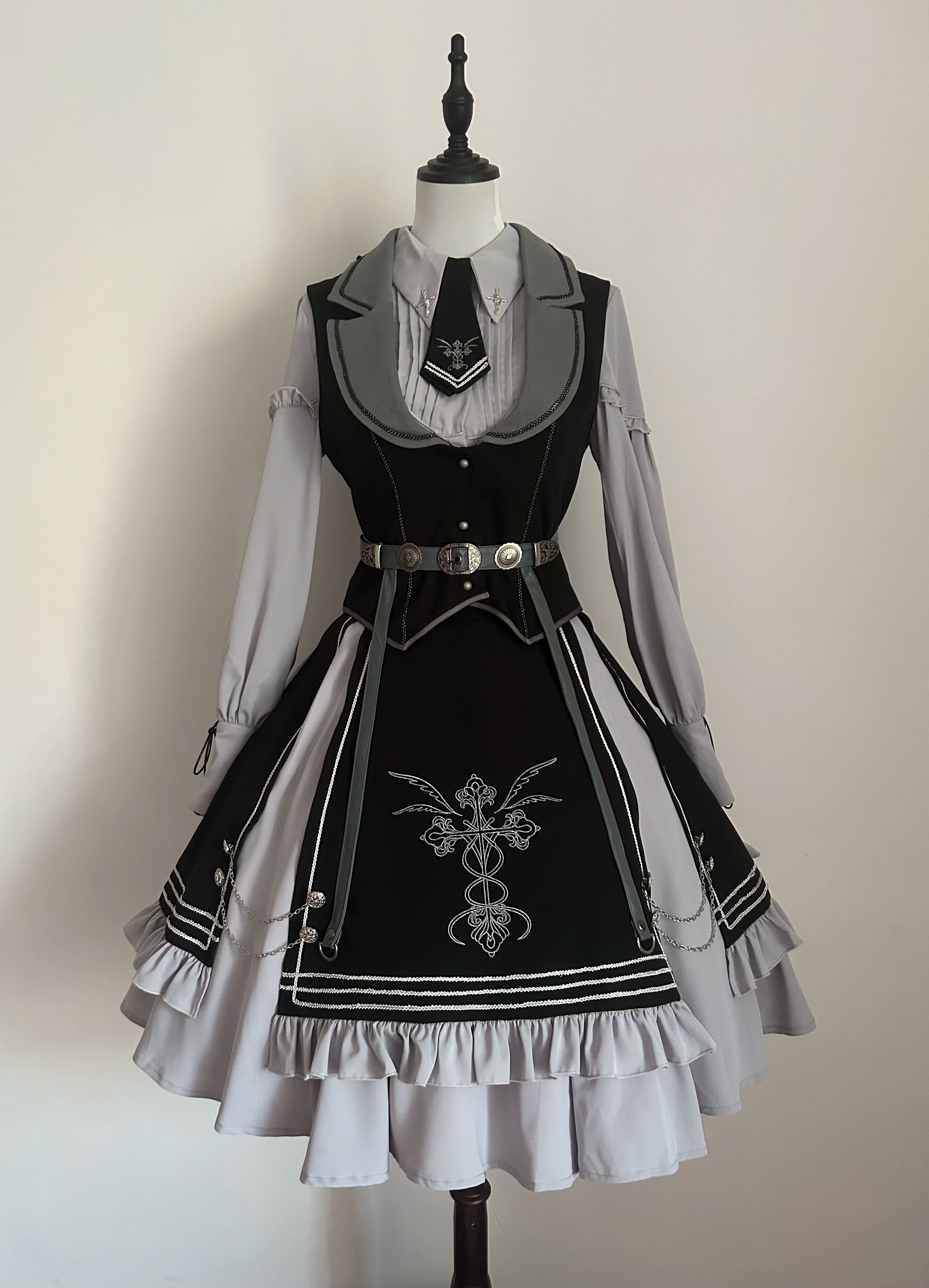 CHUNLV LOLITA - Dark Night Contract - Blue Military Lolita Dress Suit Skirt Elegant OP Cape Skirt set(vest + shirt + skirt) S