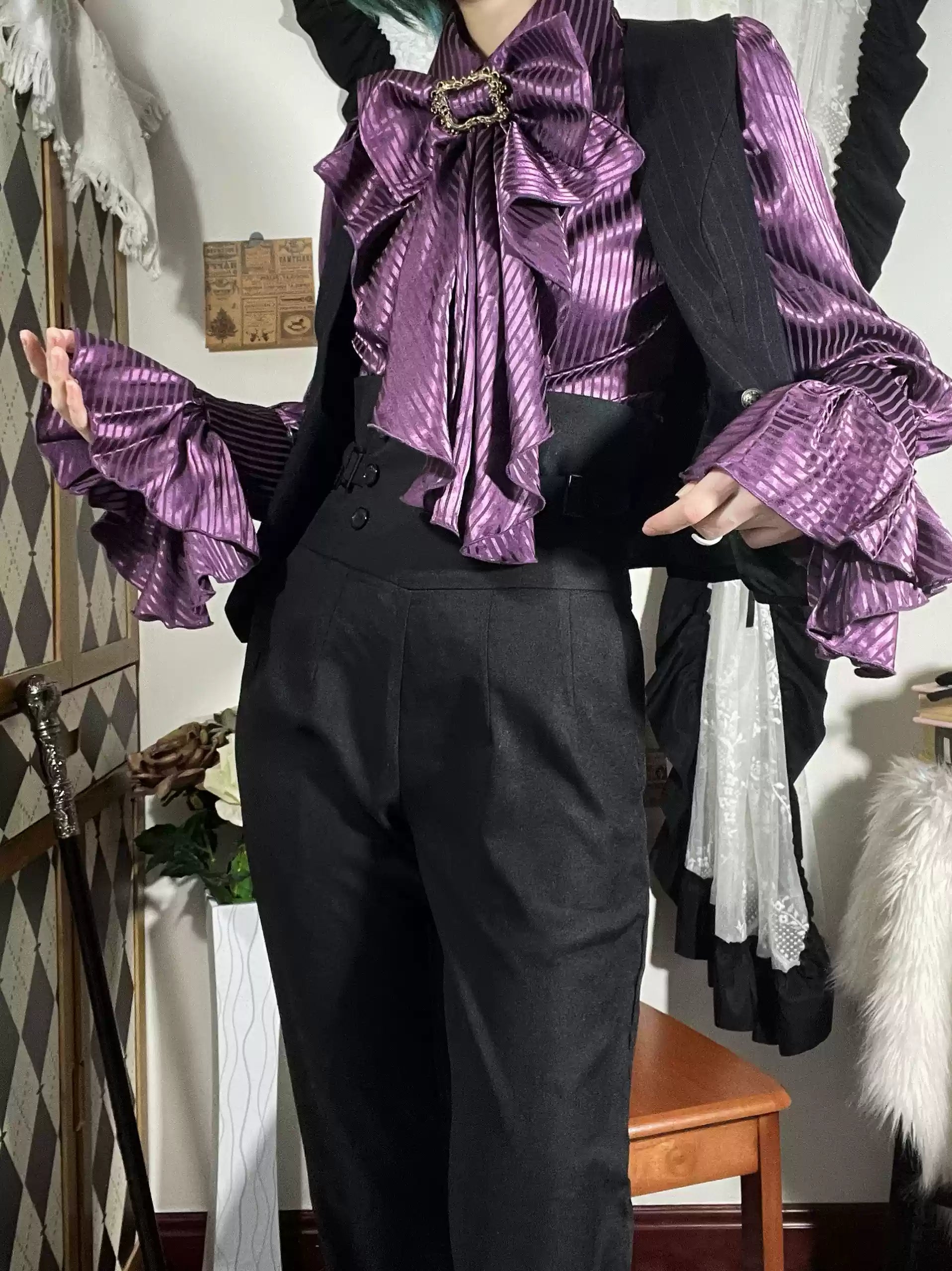Gazing Galactic - Moonstone - Elegant Ouji Lolita Shirt, Detachable Jabot S Purple