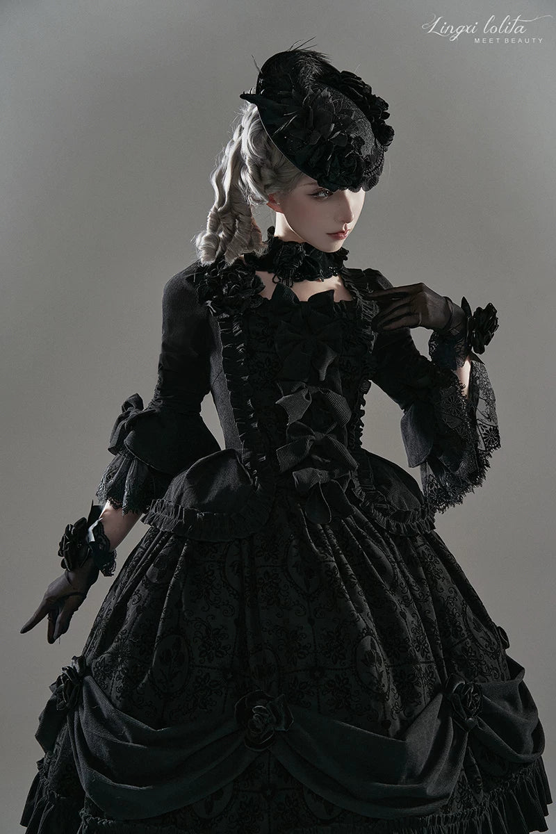 Midnight in Versailles - Gothic Lolita Hime Sleeve Blouse & Floral Skirt 44495:810534