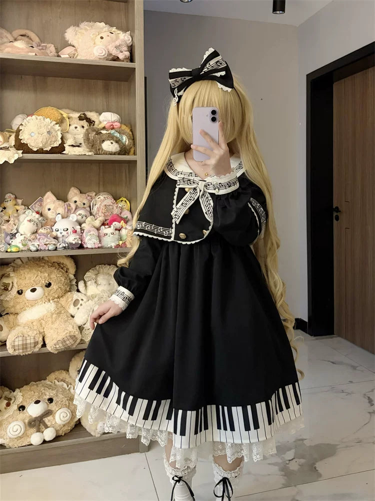 Piano Serenade - Old School Lolita Cape Layered Dress, Musical Note Embroidery 45785:862534