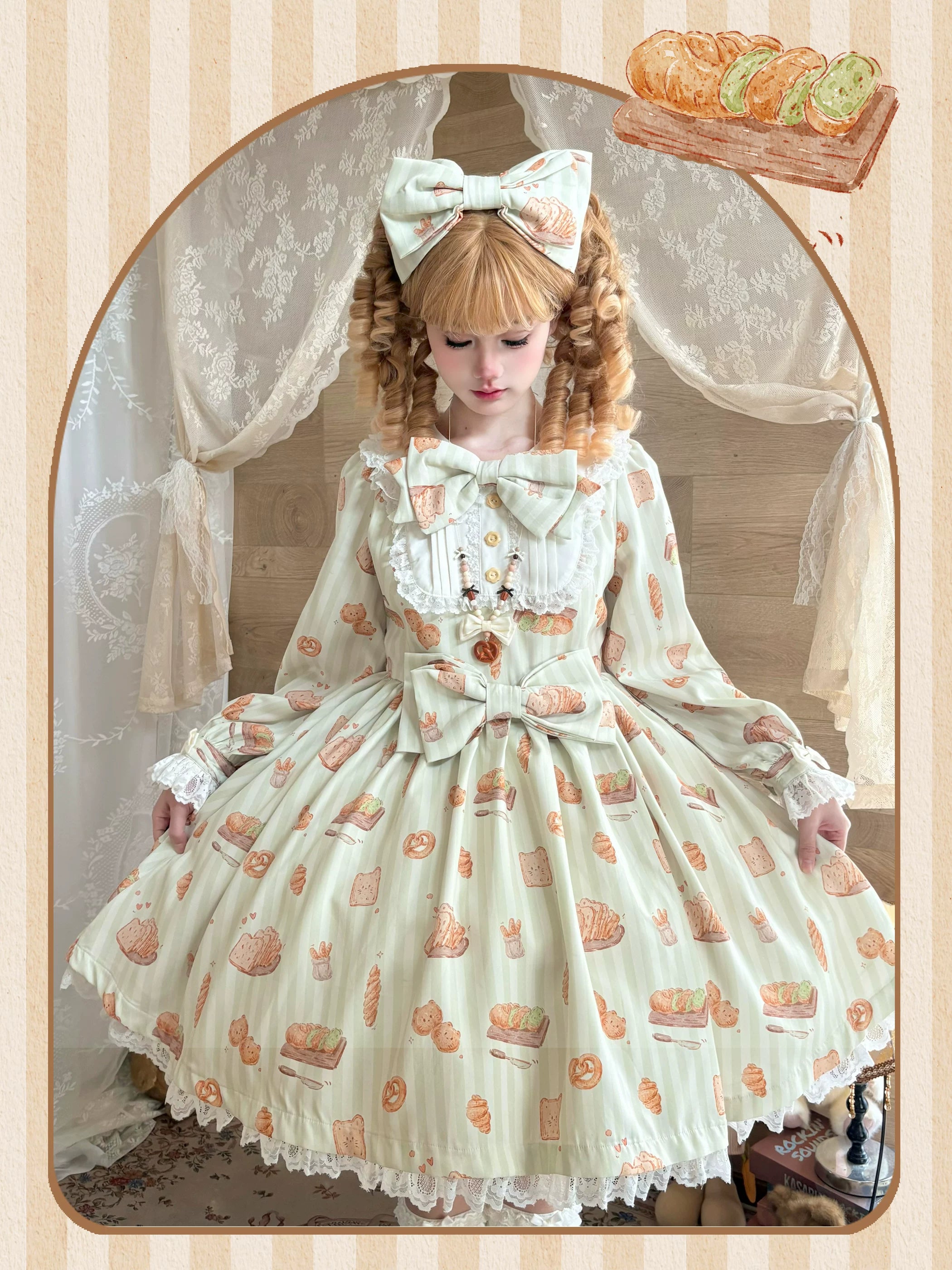 Kitten Bread - Sweet Lolita OP Dress, Cat & Bread Print