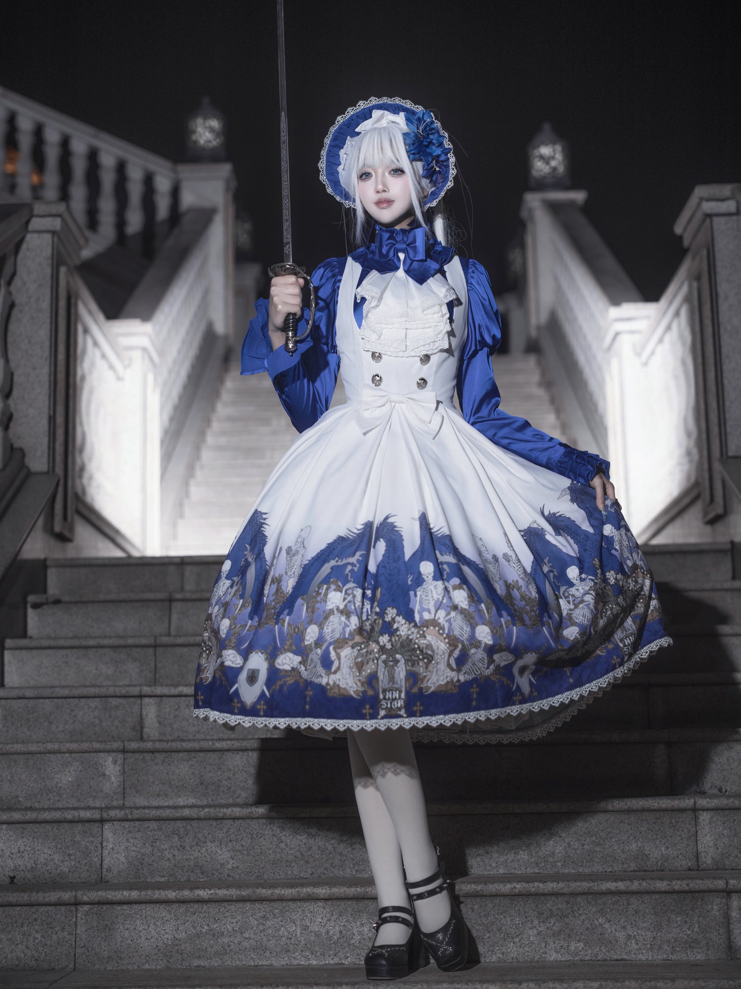 Nn Star - Dragonbone Lily - Dragon Skeleton Print Gothic Lolita Bust-supporting JSK and BNT 42664:748587