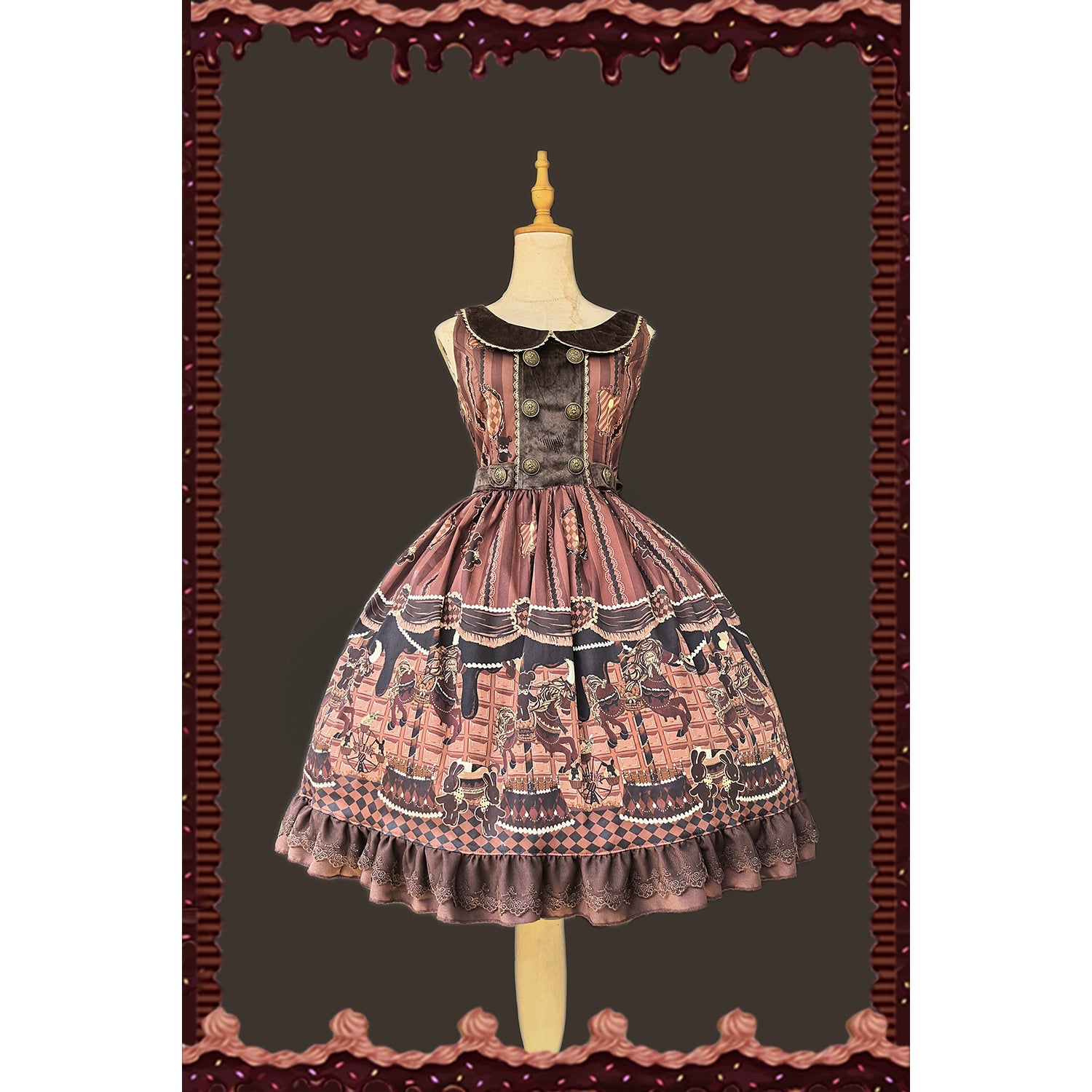 Chocolate Carousel - Peter Pan Collar Old School Lolita JSK Dress, Carousel Print Coffee JSK Only S