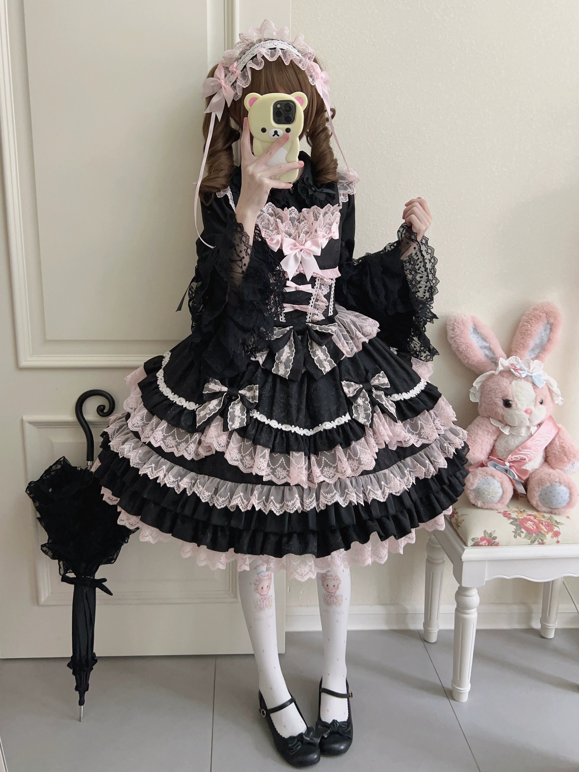 Sugar Girl - Flower Ode - Doll-like Sweet Lolita Jumper Dress Black and Pink JSK + Headband S