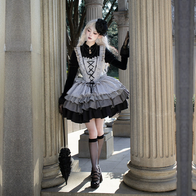 With Puji - Innocent Talk - Halloween Chinese Style Lolita OP Black-silver Gray Dress