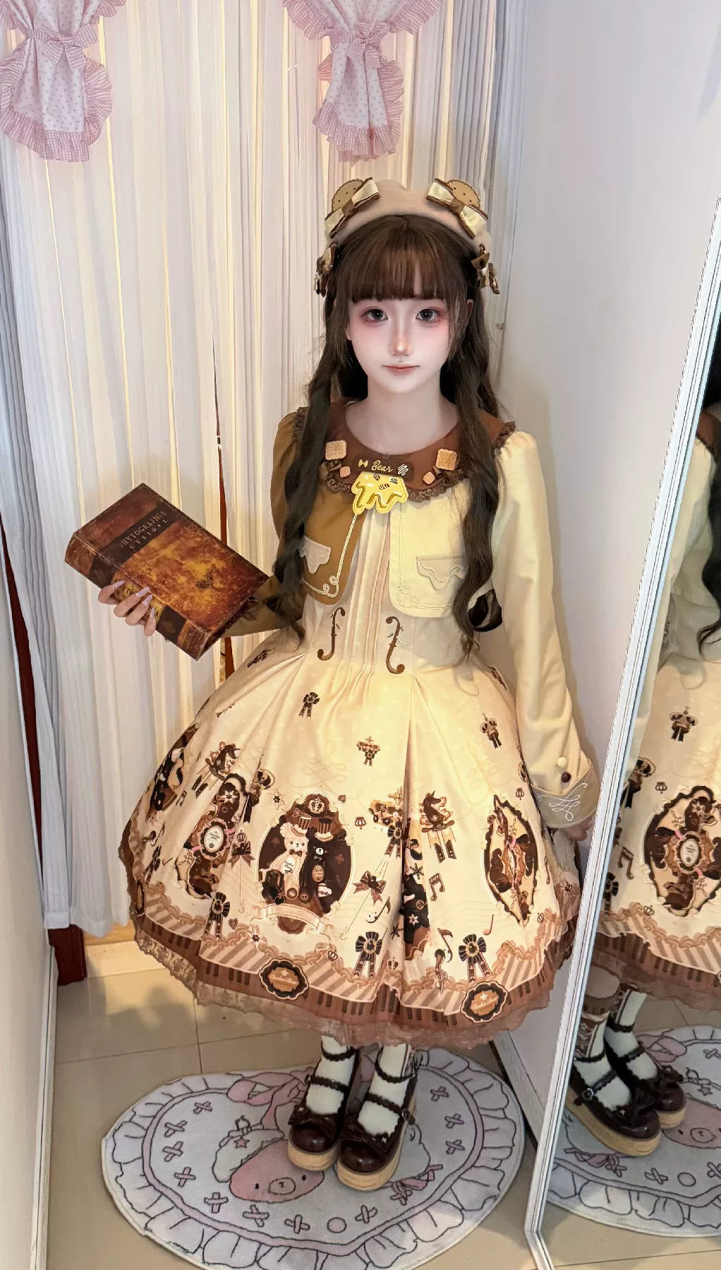 Cream Bear - Print Kawaii Lolita Fake Two-Piece OP, A-lined JSK Dress 44502:811646