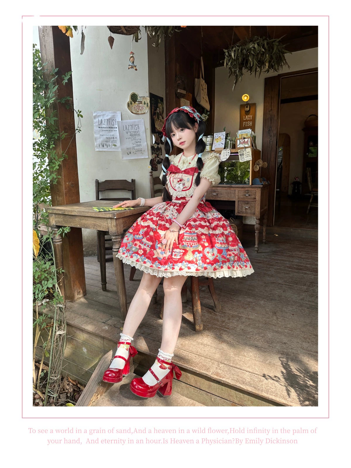 Rose Whispers - Strawberry Tata - Sweet Lolita Dress Suit With Strawberry Cake Print