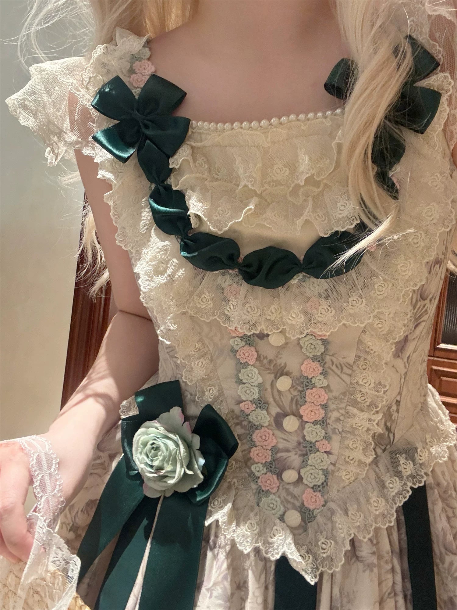 Dolota Flower Wall - Classic Lolita Floral OP Dress, Open Shoulder 44485:811217