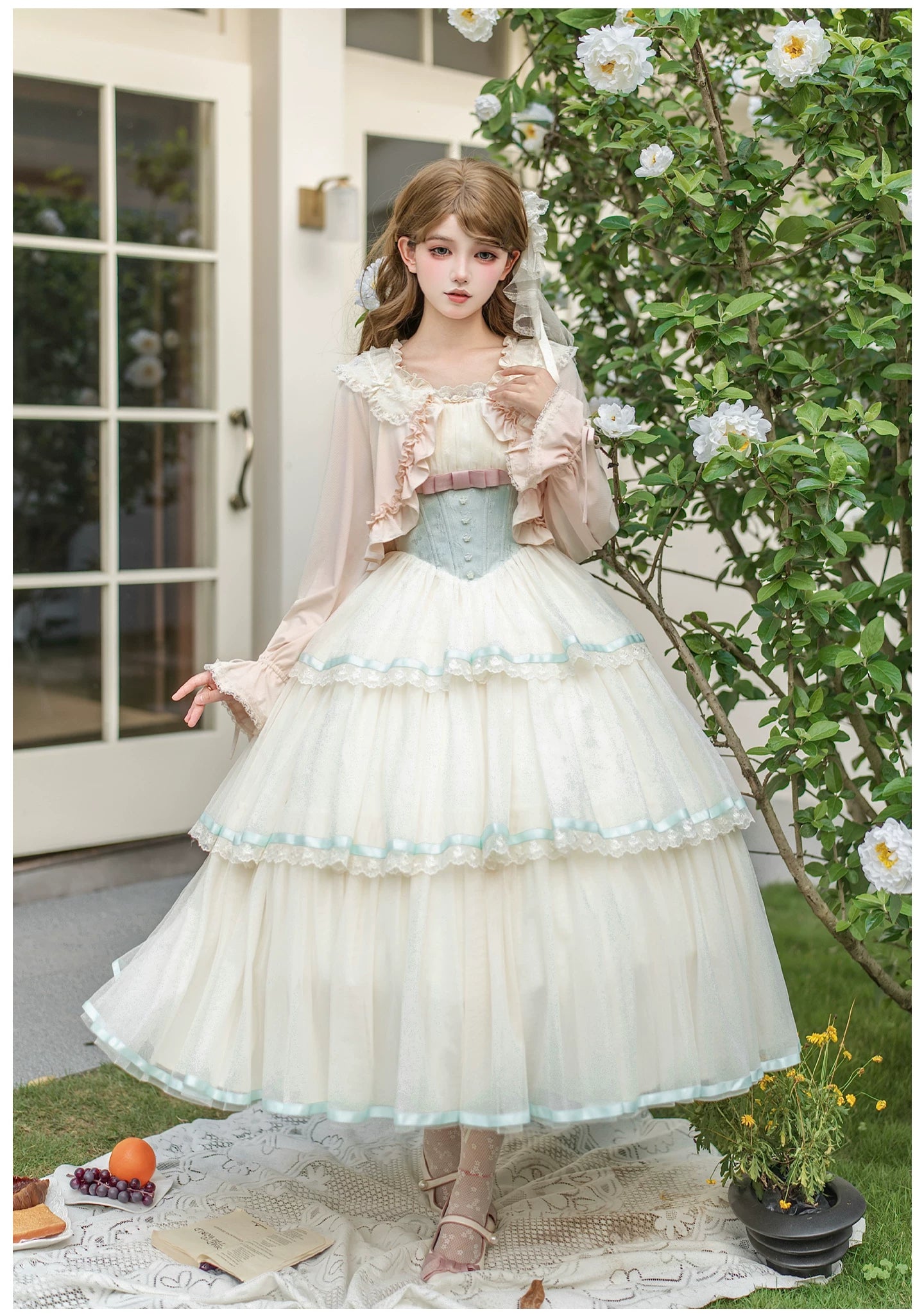 Sea Salt Soda - Classic Lolita Adjustable Corset JSK Dress, Tiered Tulle Hem 45257:856381